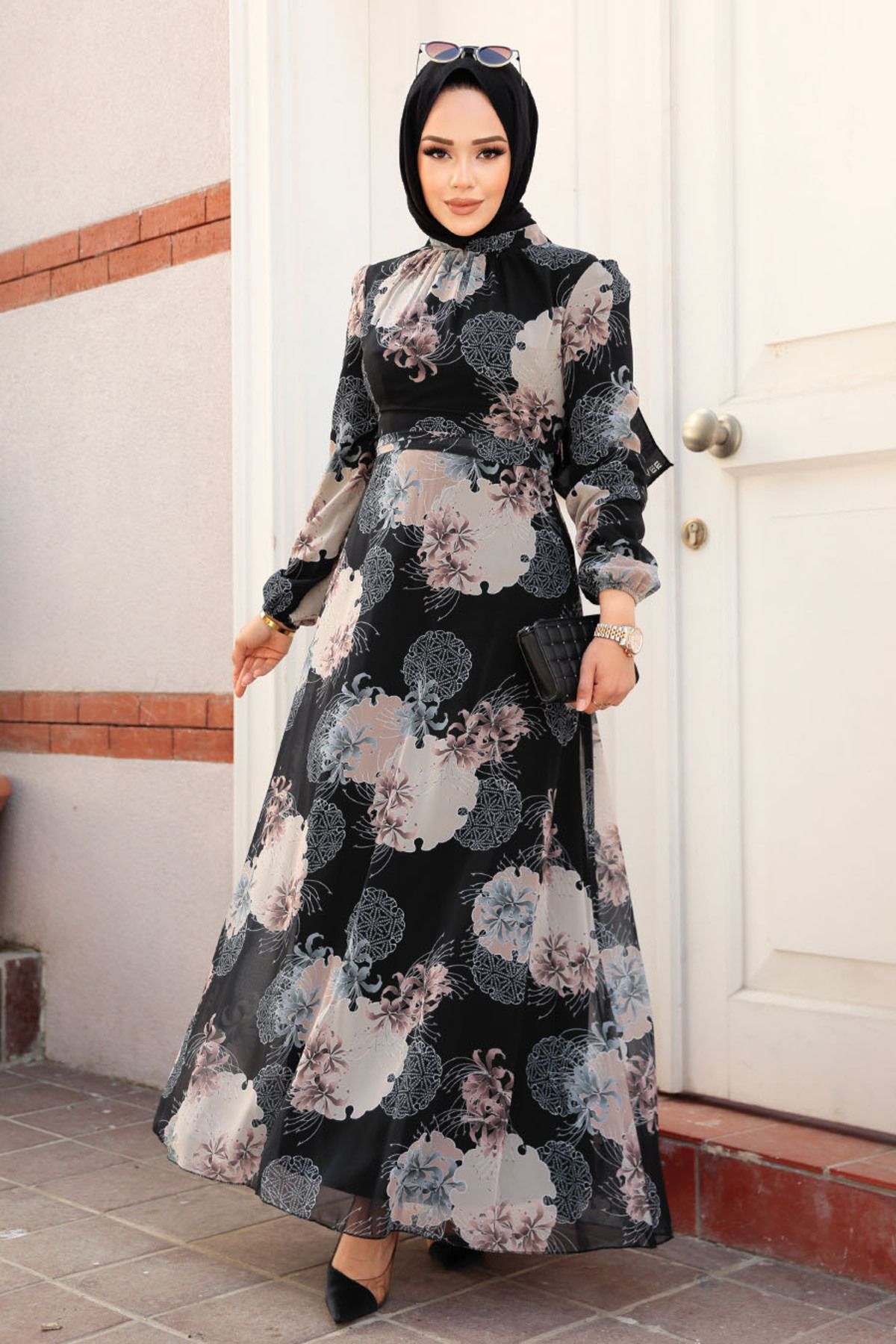 Neva Style-Floral Patterned Mink Hijab Dress 279323 V 1