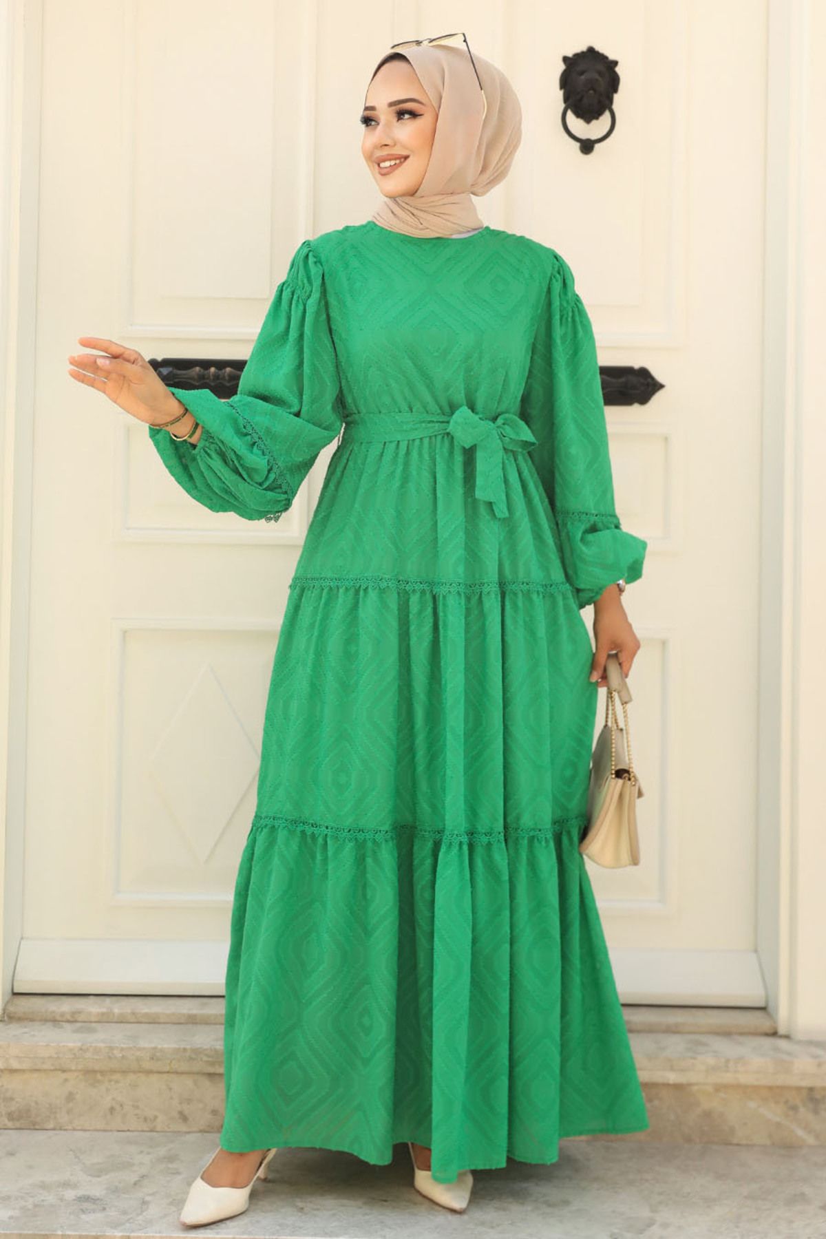 Neva Style-Green Hijab Dress with Belt 14131Y 1