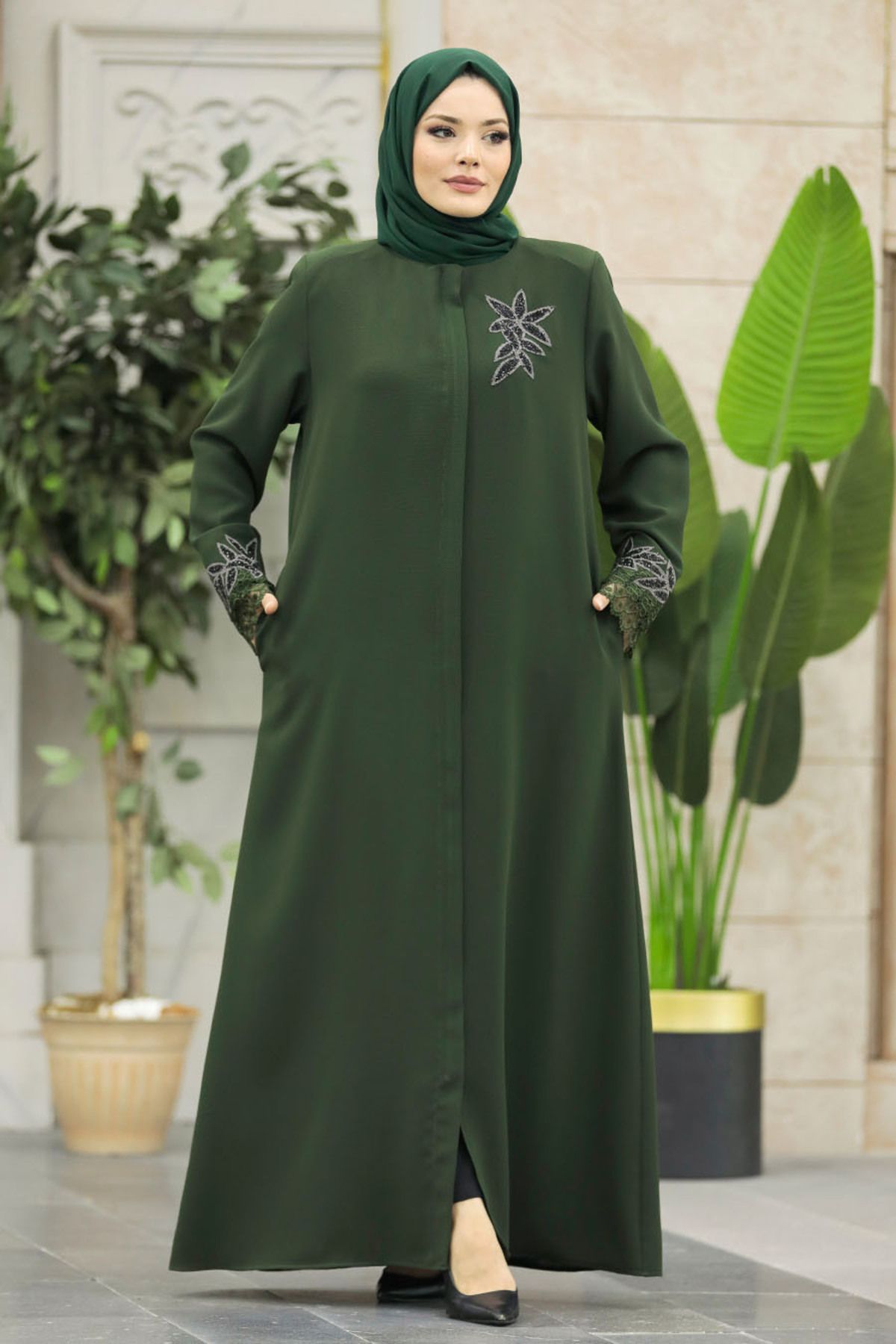 Neva Style-Flower Detailed Khaki Hijab Ferace 62533Hk 3