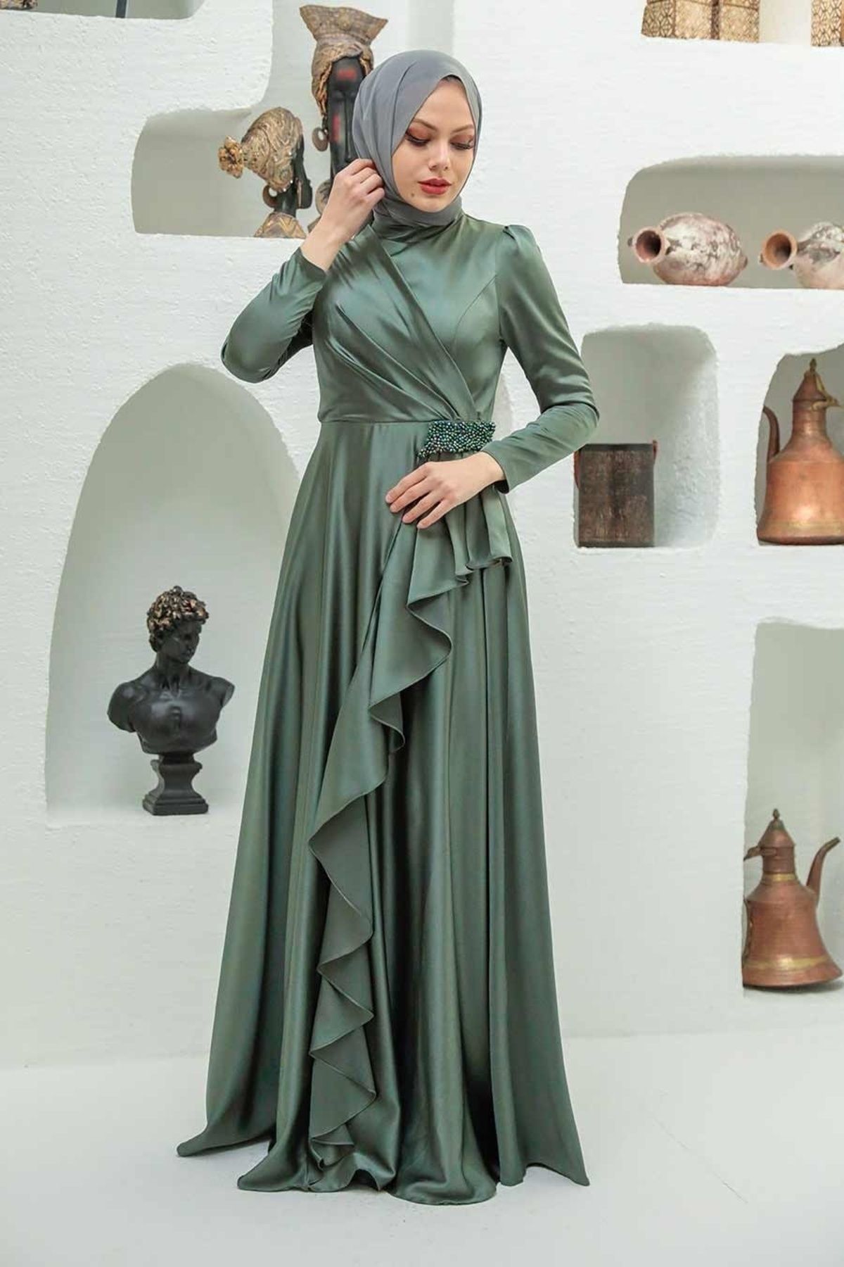 Neva Style-Flounced Khaki Hijab Evening Dress 22431Hk 3
