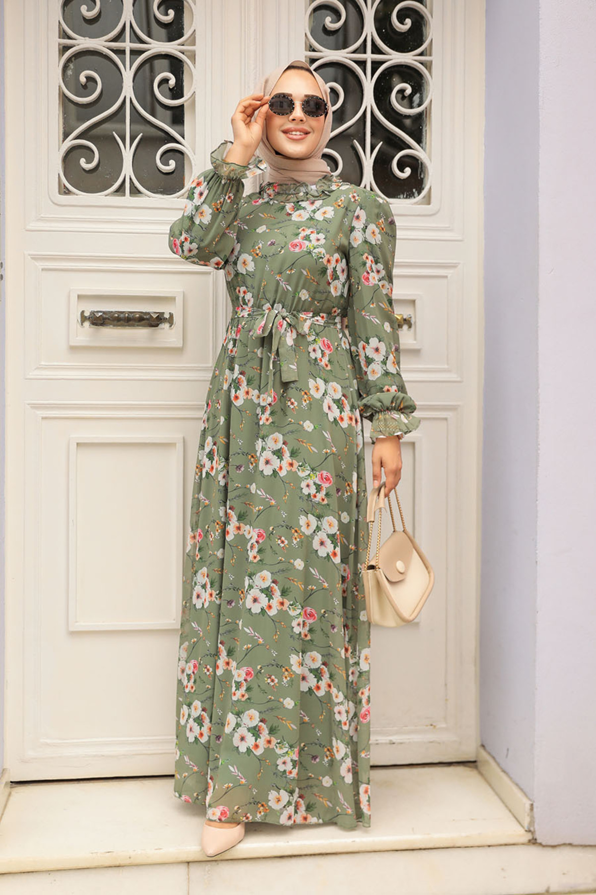 Neva Style-Φόρεμα Hijab Χακί με λουλούδια 29711hk 2