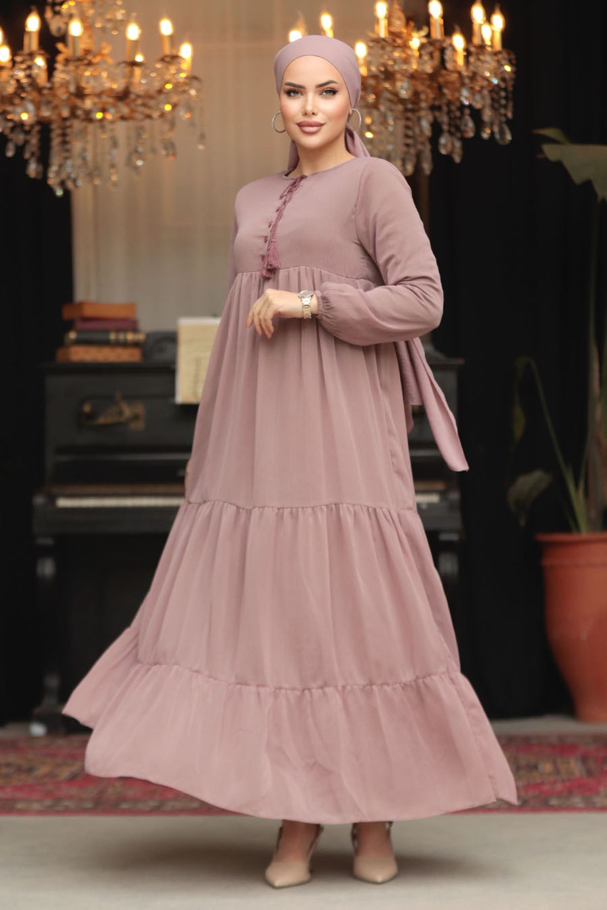 Neva Style-Folded Pleated Light Rose Dried Hijab Dress 22051Agk 3