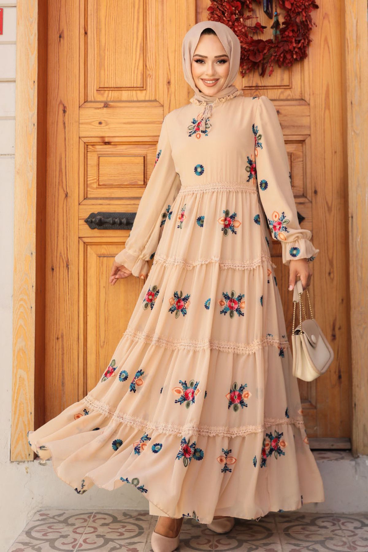 Neva Style-Beige Hijab Dress - Embroidery Pattern, Model 45541BEIGE 1
