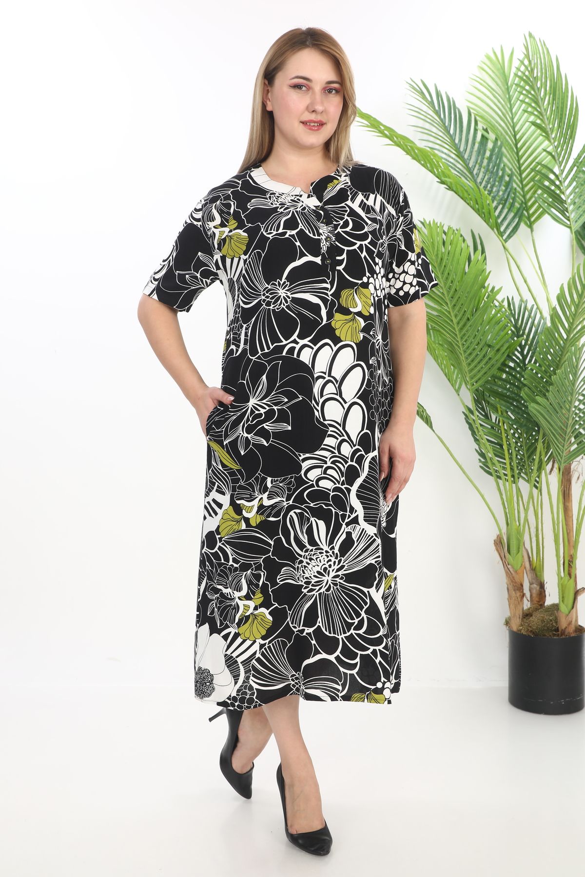 STELLETO-Floral Patterned Buttoned Collar Summer Viscose Dress 2