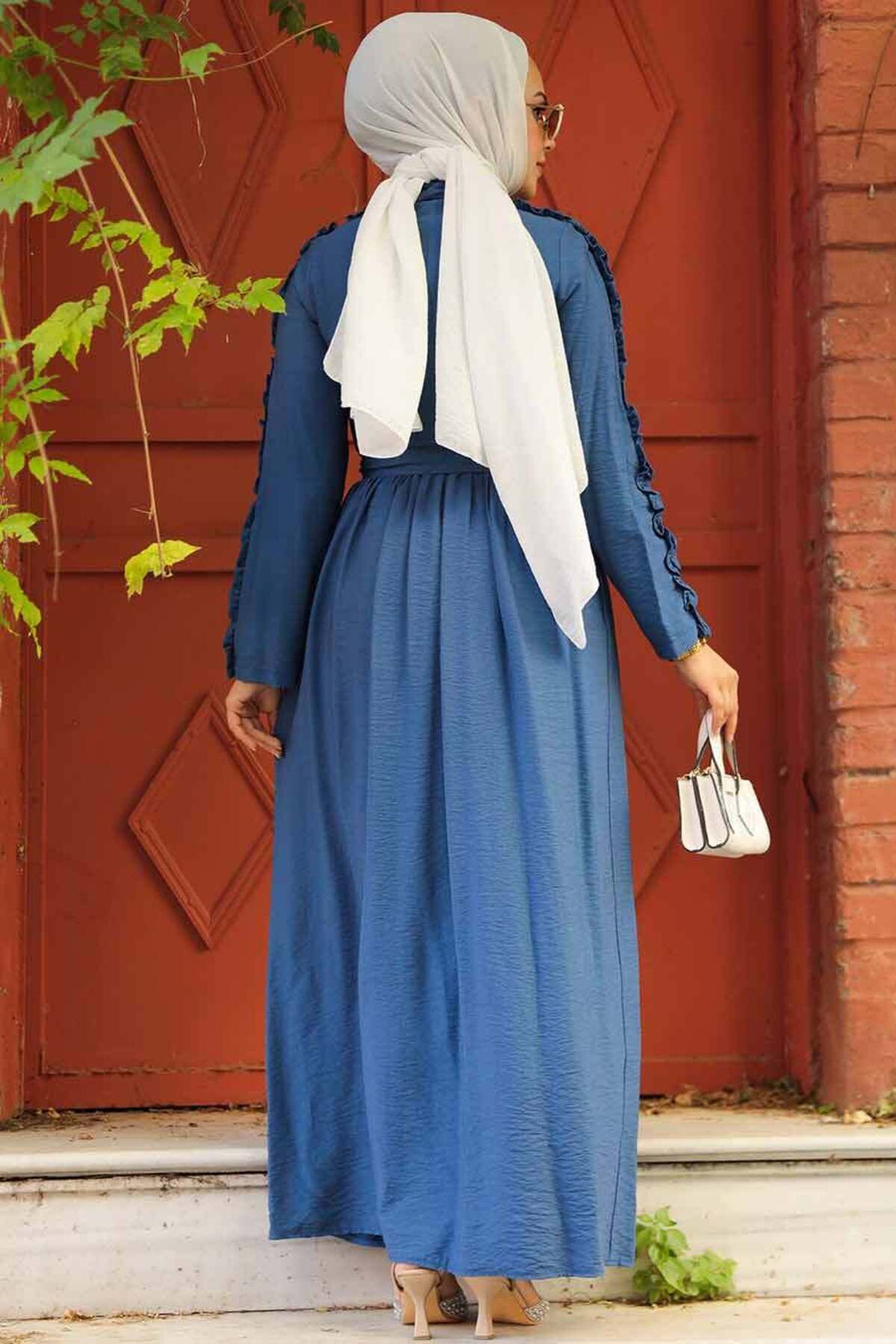 Neva Style-Indigo Blue Hijab Dress with Ruffle Sleeves 3434ım 4