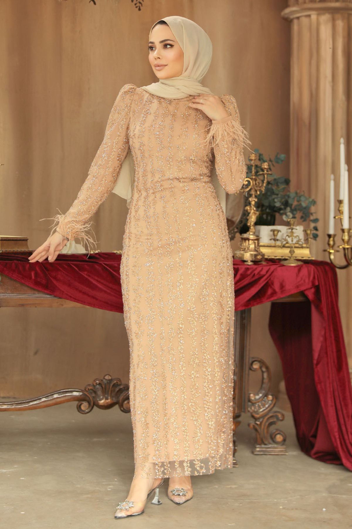 Neva Style-Beaded Biscuit Hijab Evening Dress 52052Bs 3