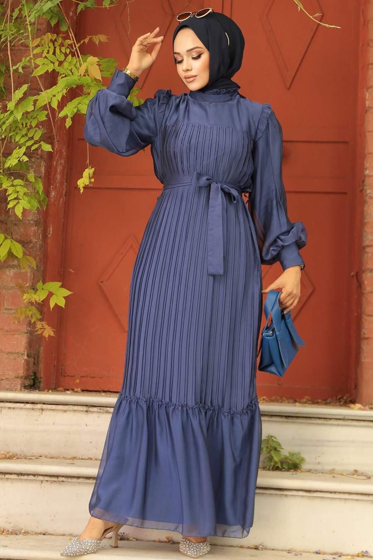 Neva Style-Pleated Indigo Blue Hijab Dress 39651ım 1