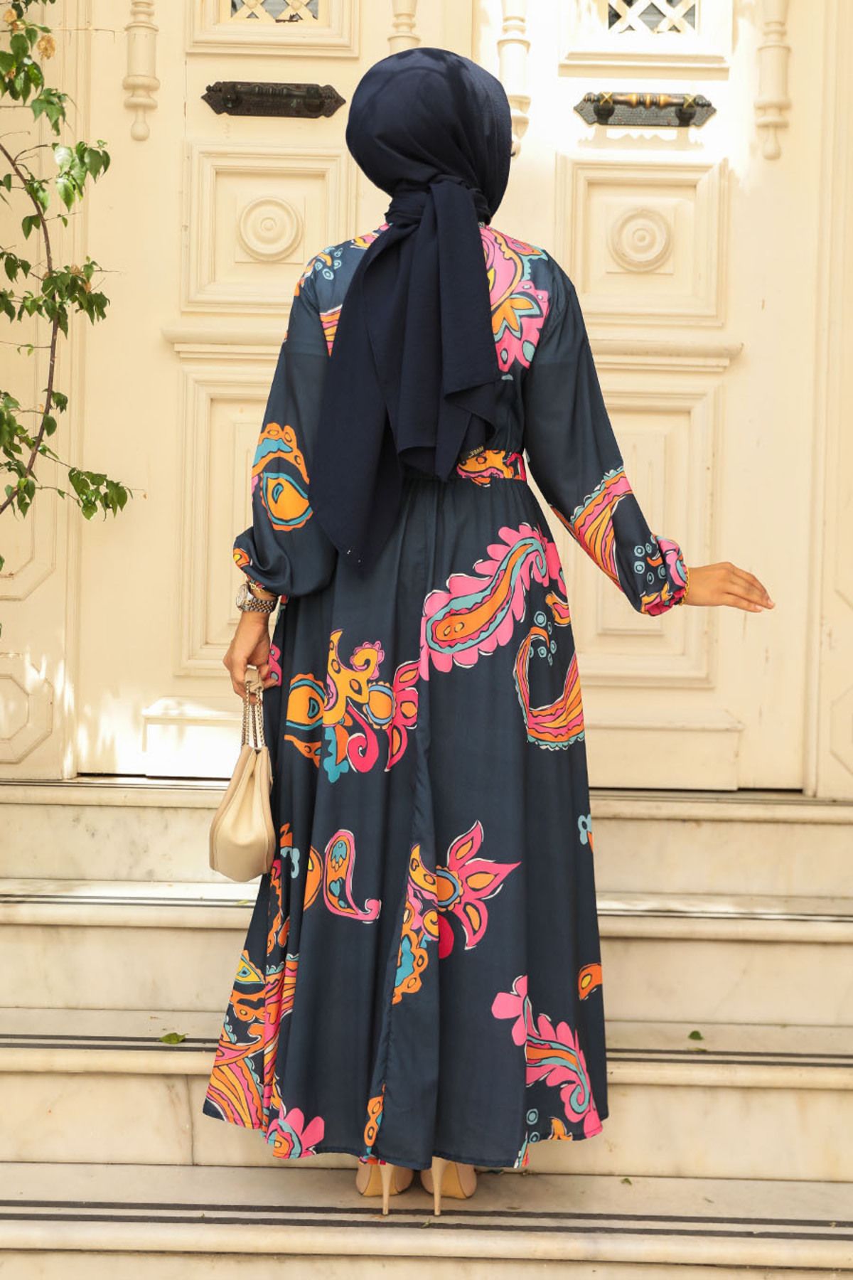 Neva Style-Navy Blue Patterned Hijab Dress - 23441L 4