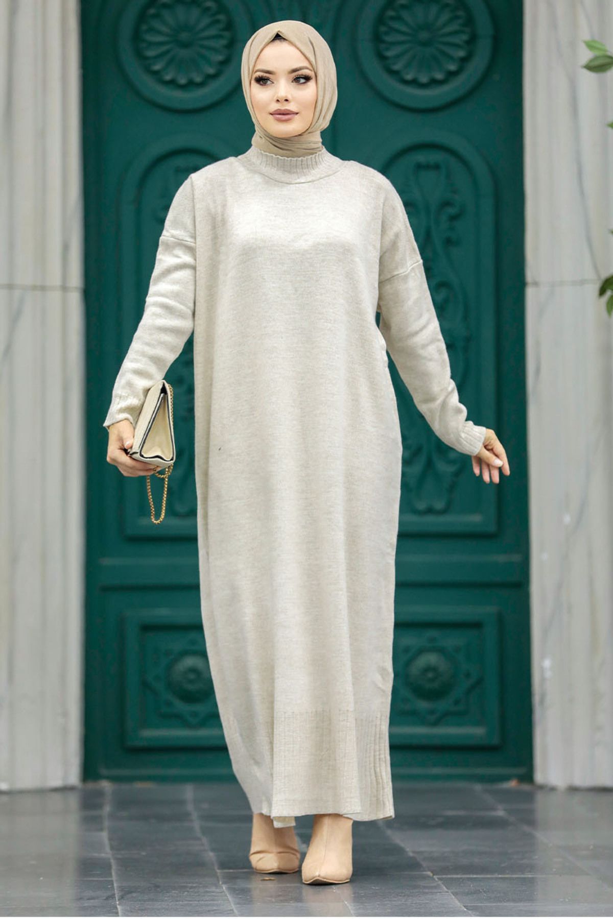 Neva Style-فستان تريكو حجاب بيج 3409بيج 5