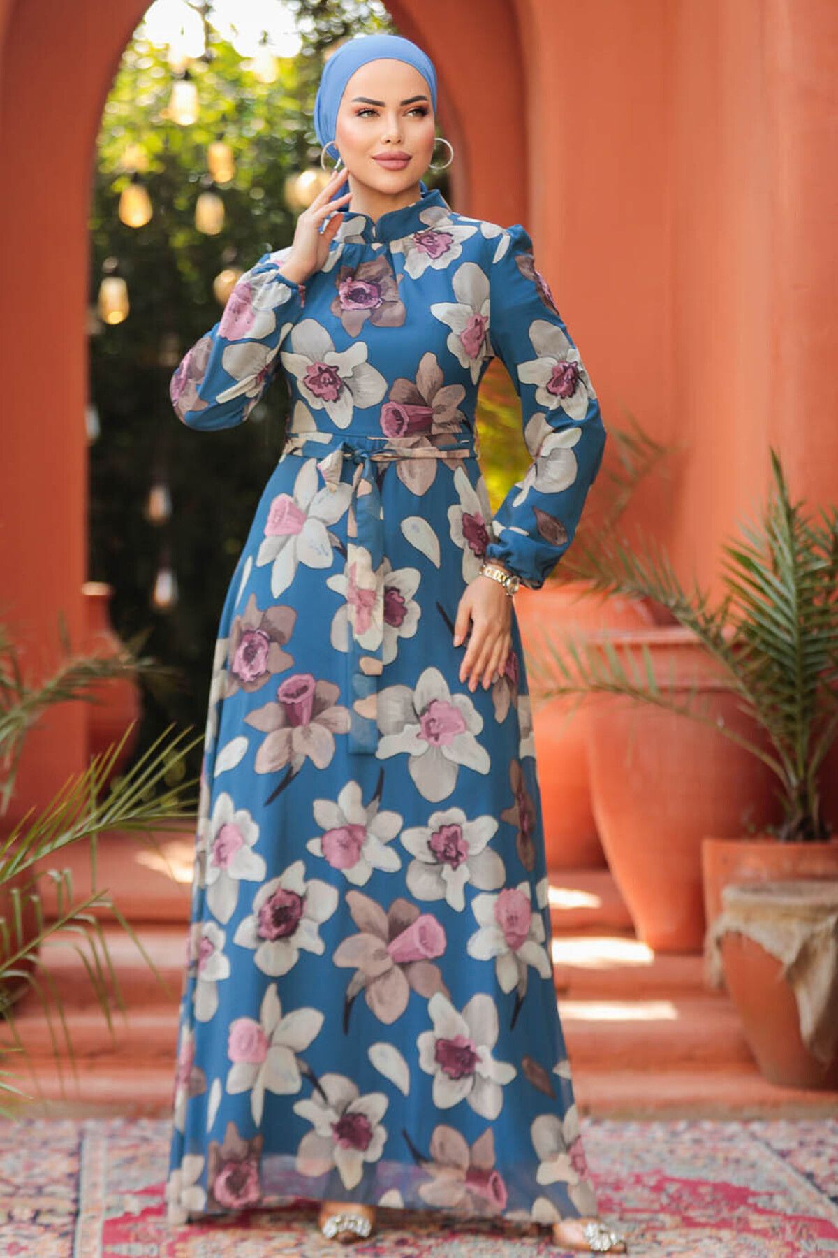 Neva Style-Floral Patterned Indigo Blue Hijab Dress 279325 I'M 2