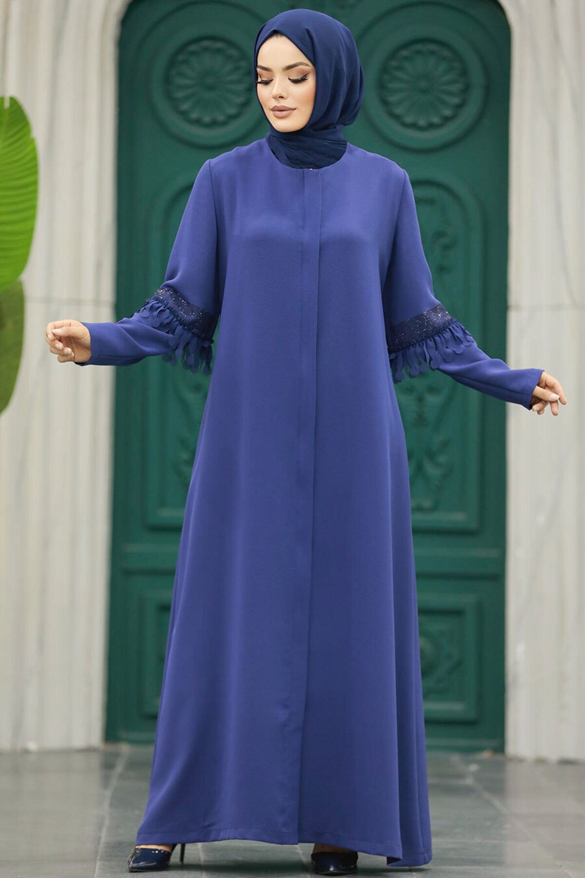 Neva Style-Μανίκια Λεπτομερής Indigo Blue Hijab Ferace 10021ım 3