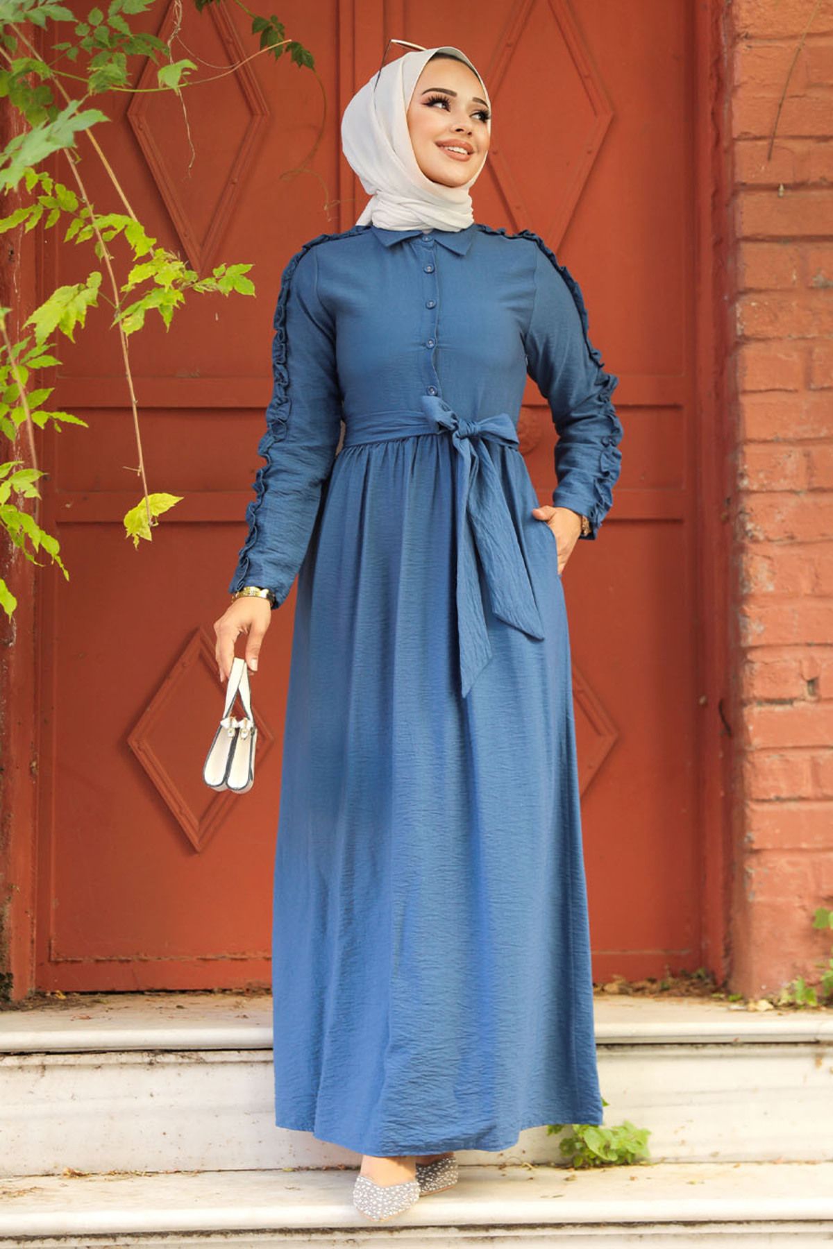 Neva Style-Indigo Blue Hijab Dress with Ruffle Sleeves 3434ım 1