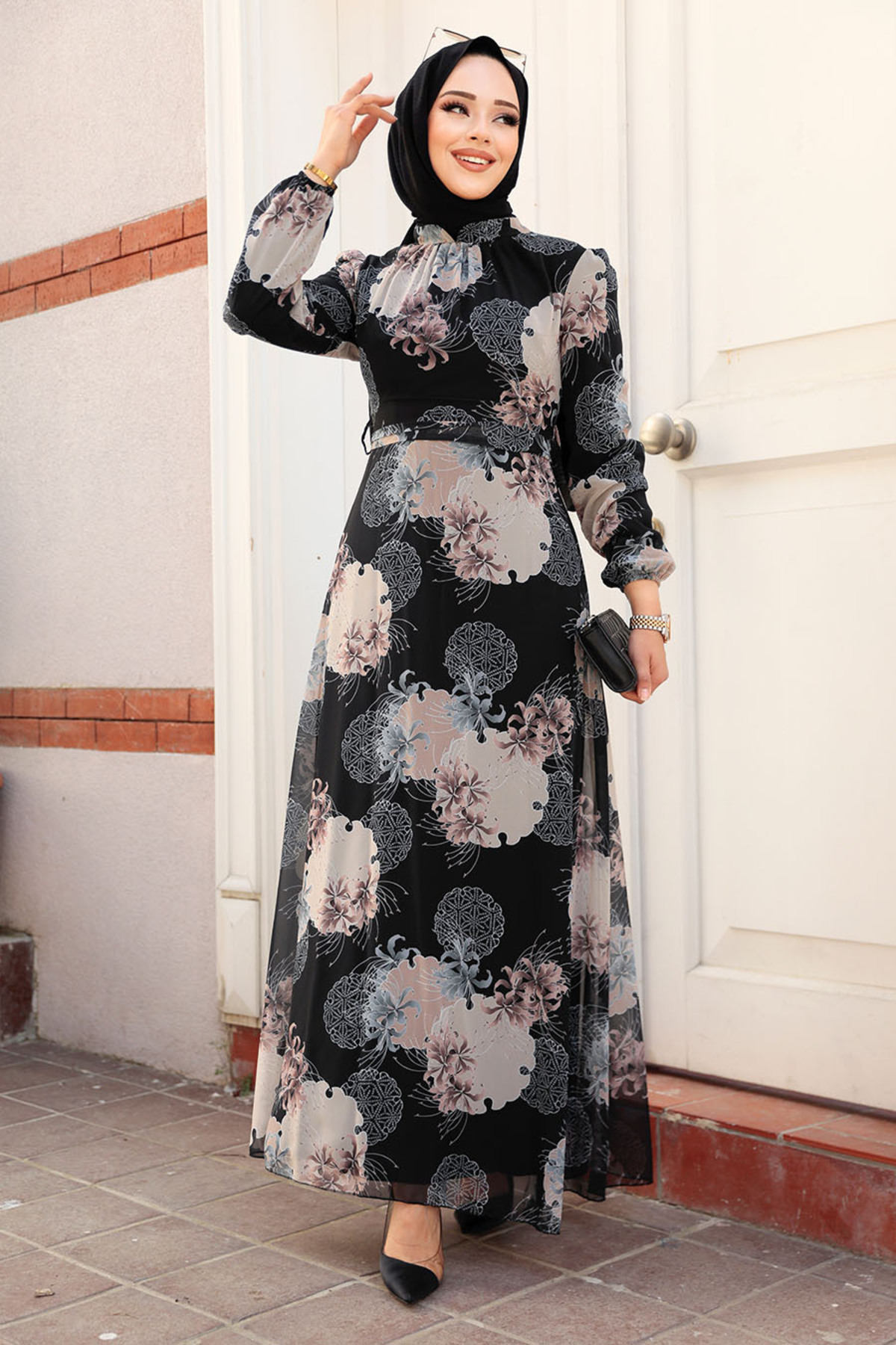 Neva Style-Floral Patterned Mink Hijab Dress 279323 V 2