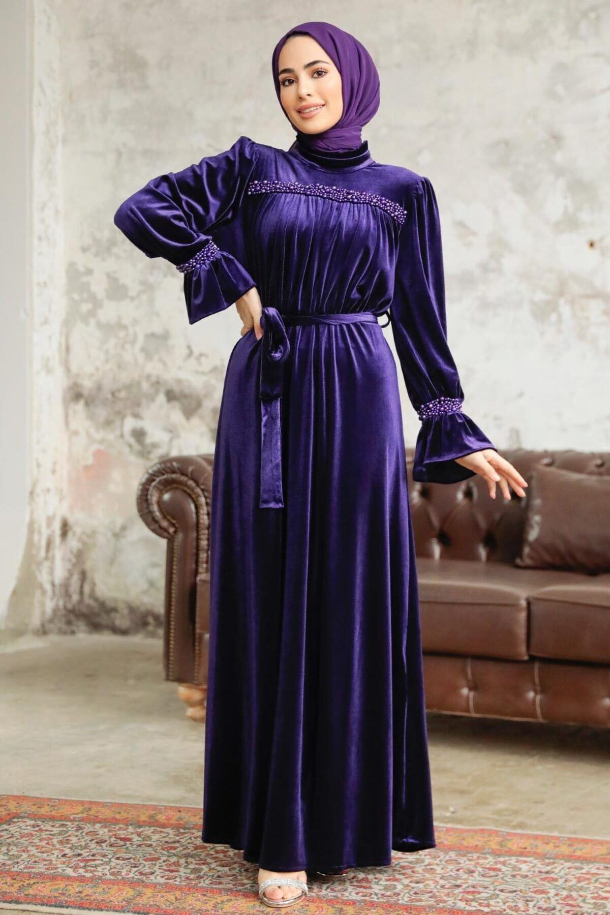 Neva Style-Μωβ Χιτζάμπ Βελούδινο Φόρεμα με Ζώνη 37291μωβ 1