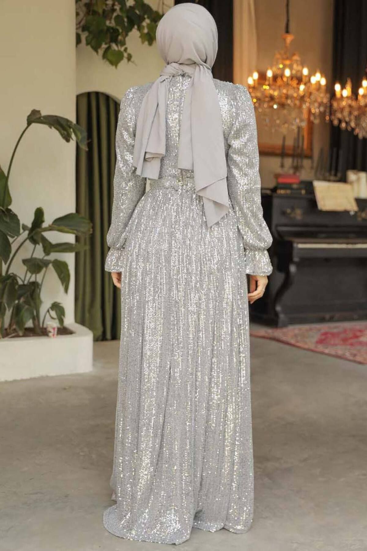 Neva Style-Sequined Gray Hijab Evening Dress 44961Gr 3
