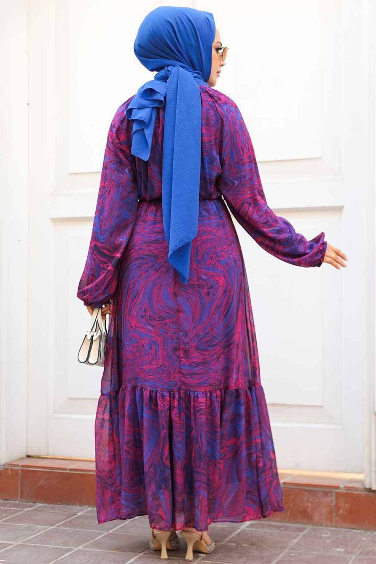 Neva Style-فستان حجاب منقوش فوشيا - 60941F 3