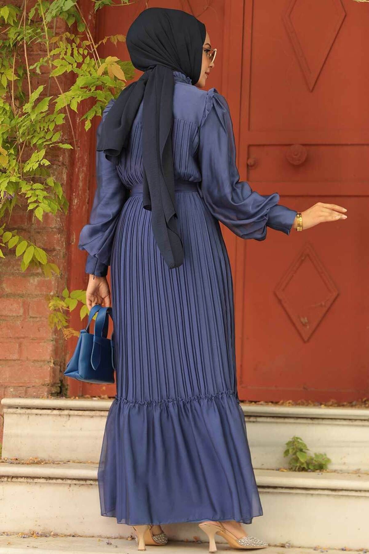 Neva Style-Pleated Indigo Blue Hijab Dress 39651ım 3