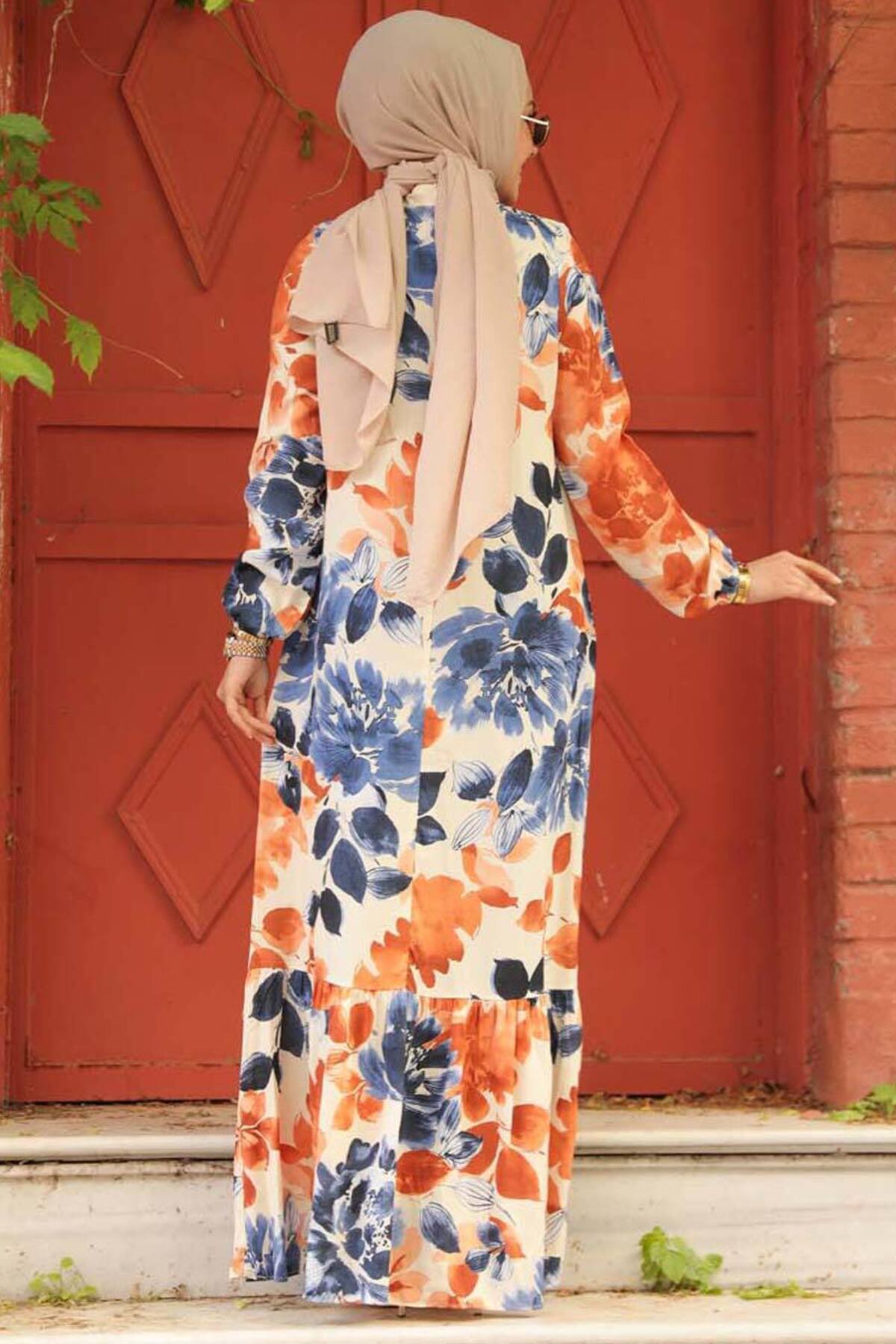 Neva Style-Brick Colored Hijab Dress - Patterned, Model No: 15729KRMT 3