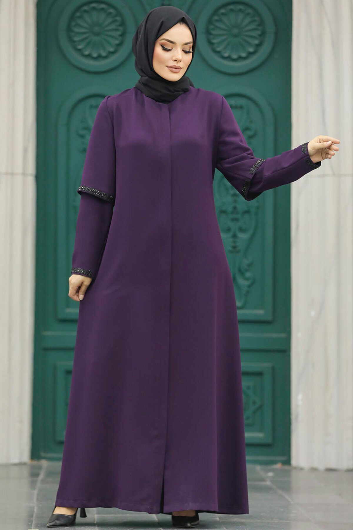 Neva Style-Hijab prune cu detaliu pe mâneci Ferace 10091mu 4