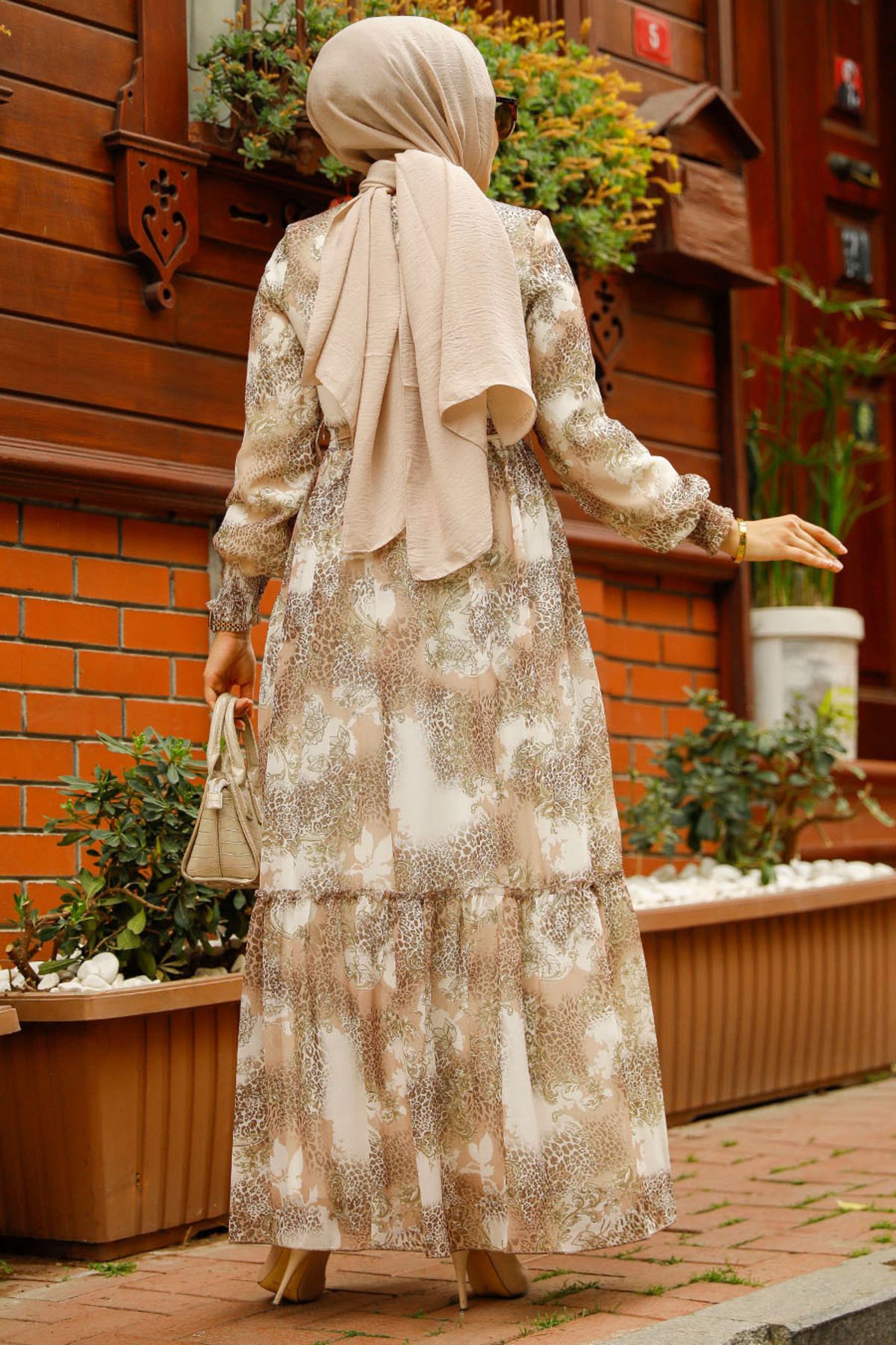 Neva Style-فستان حجاب بيج منقوش 33560bej 4
