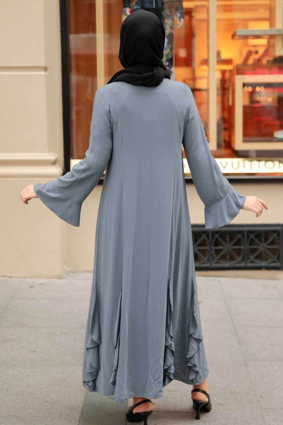 Neva Style-Ruffle Detailed Gray Hijab Abaya 1535Gr 2