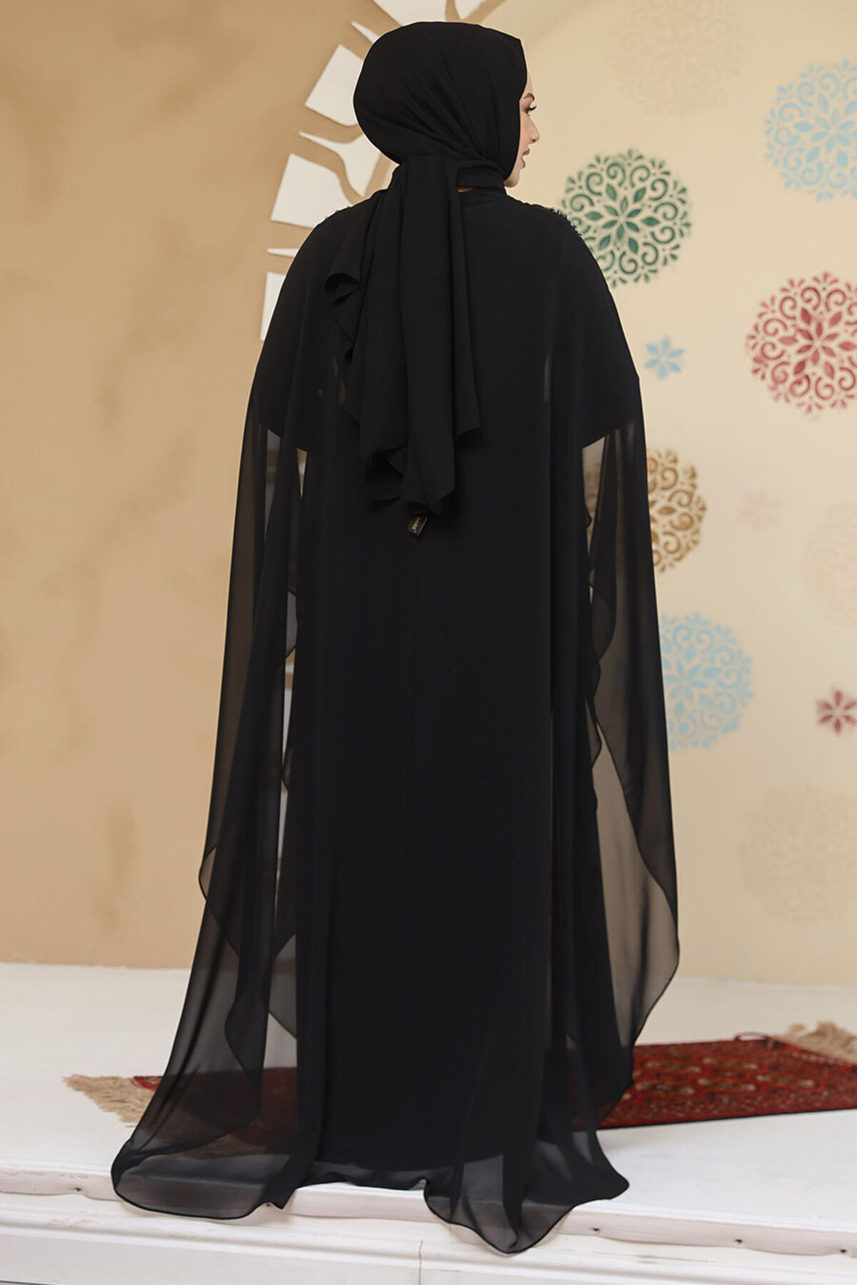 Neva Style-Μαύρο Hijab Abaya με λεπτομέρεια Poncho 25908s 4