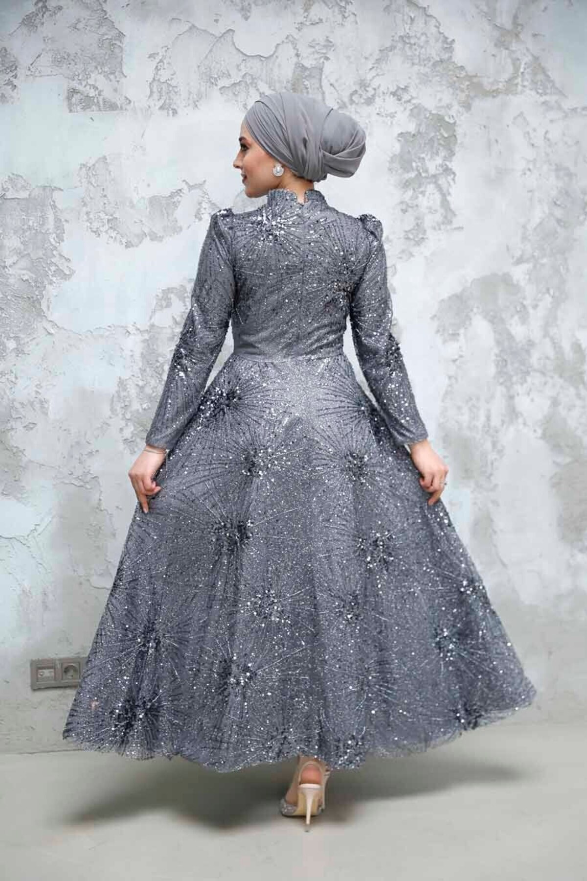 Neva Style-Beaded Smoked Hijab Evening Dress 50461Fu 5