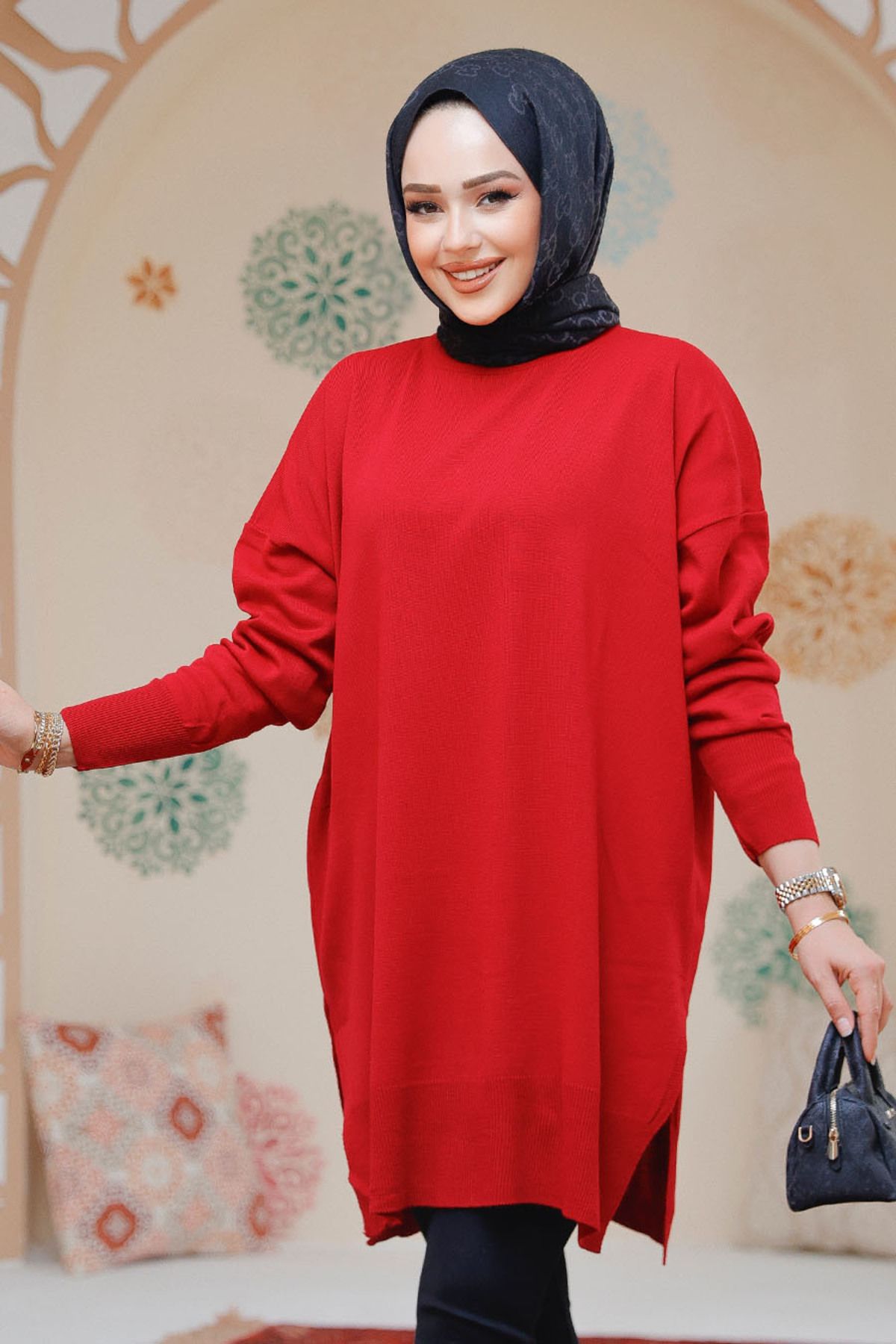 Neva Style-17203K Model Red Hijab Pulover Tunica 3