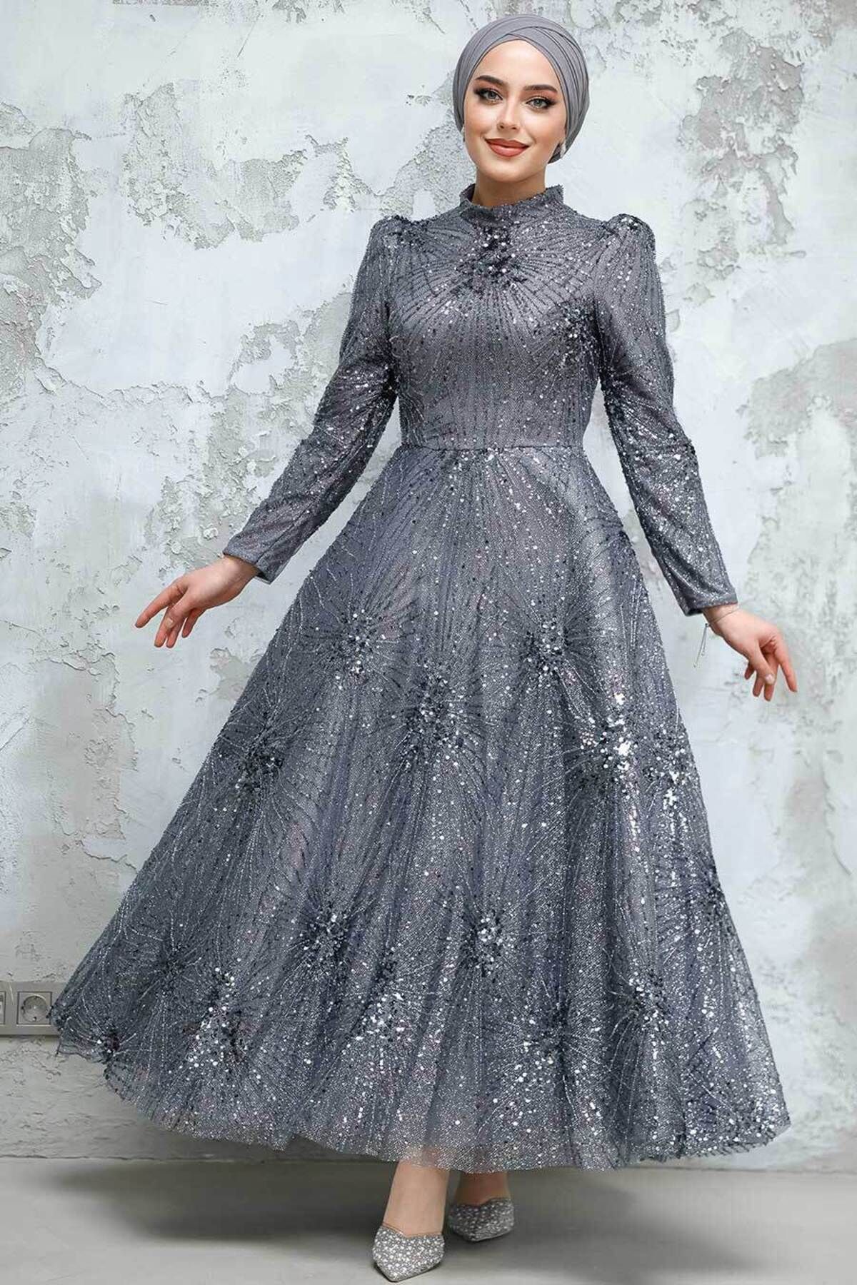 Neva Style-Beaded Smoked Hijab Evening Dress 50461Fu 1