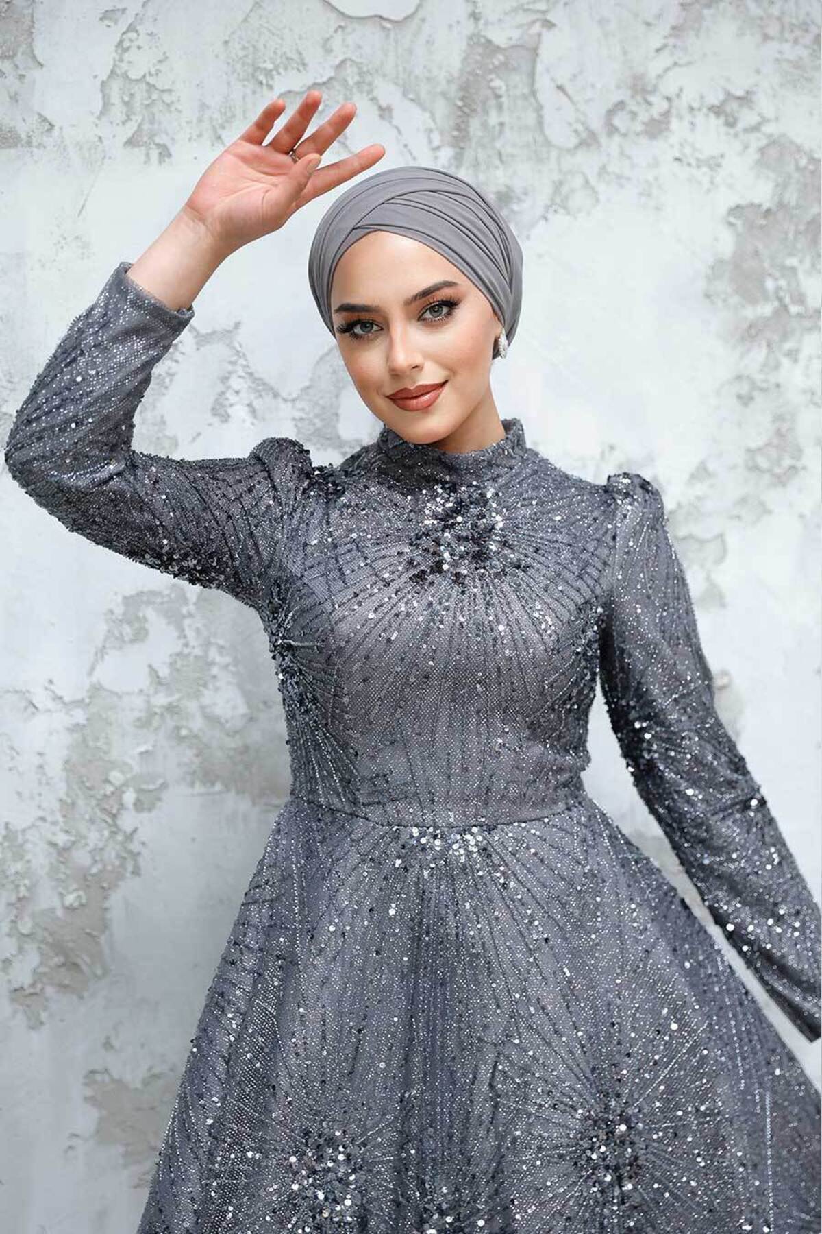 Neva Style-Beaded Smoked Hijab Evening Dress 50461Fu 2