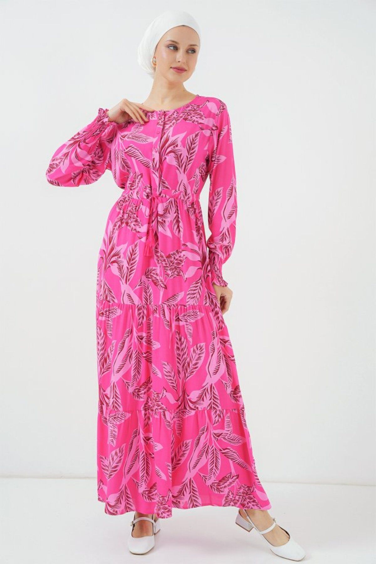 Albayrak 2145 Desenli Tesettür Elbise - Fuşya