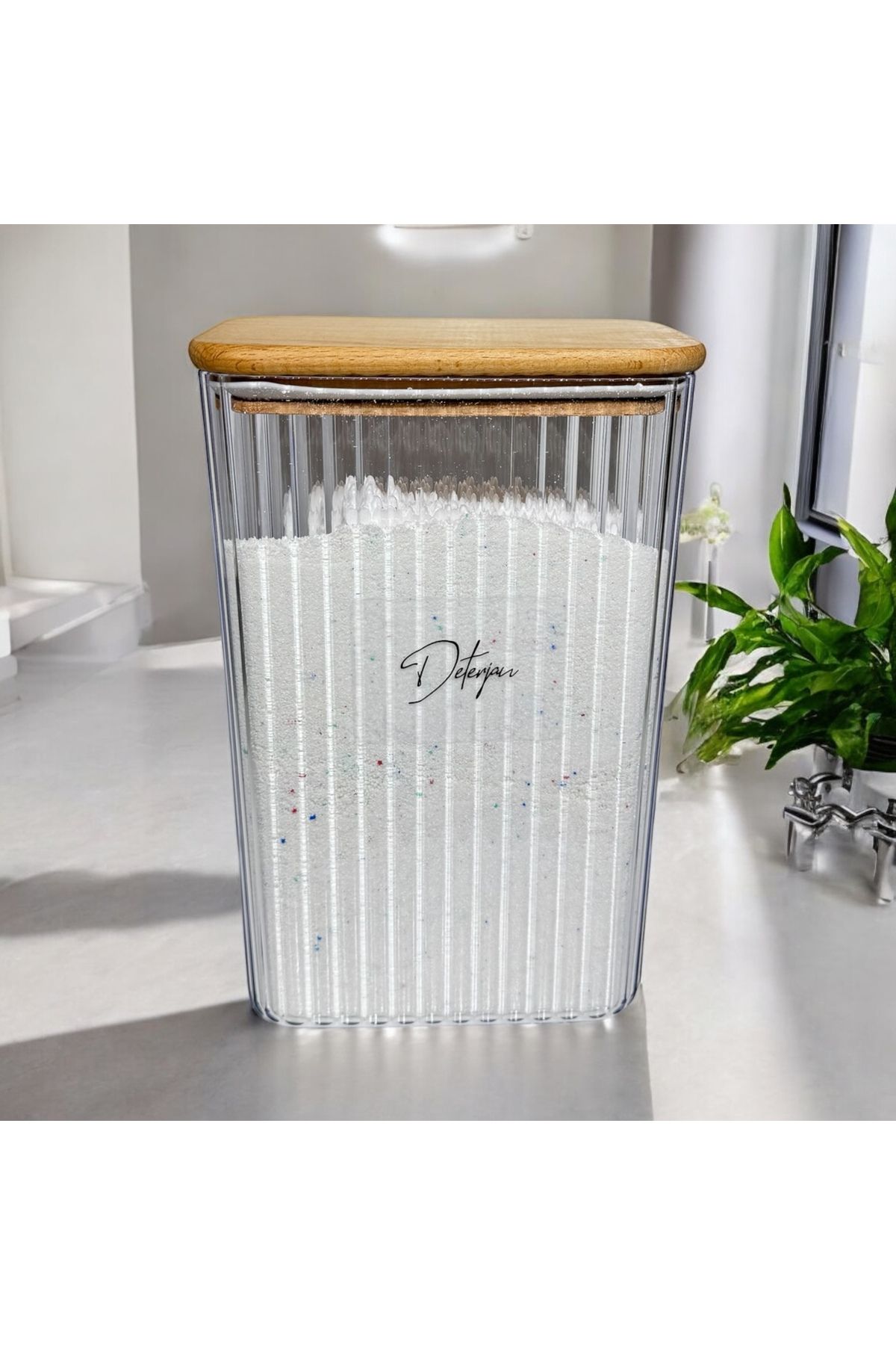 zezedesing Borcan De Detergent Cu Capac Din Lemn, Cu Etichetă Transparentă, 2900 Ml (plastic Dur) - One Size