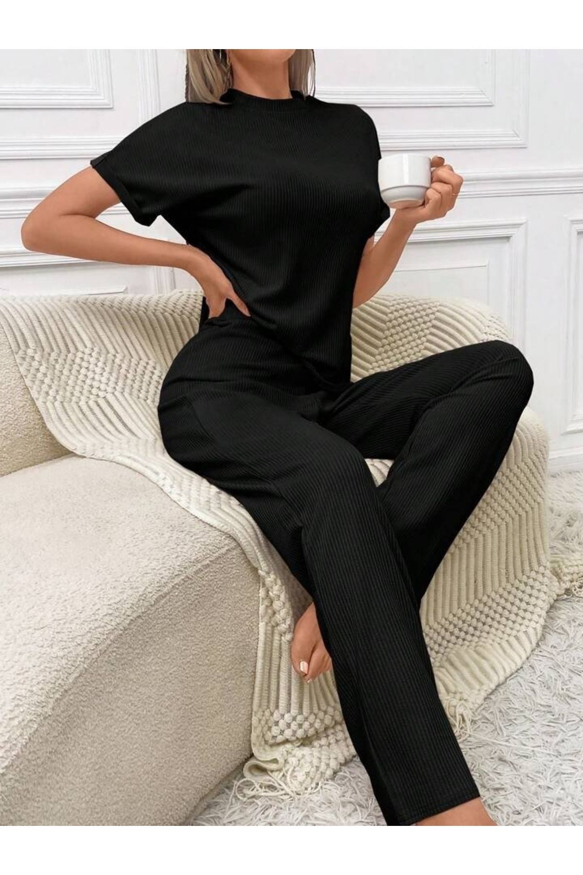 velmorafashion Kadın Kısa Kollu Bisiklet Yaka Kol Katlama Detay Kaşkorse Ikili Takım