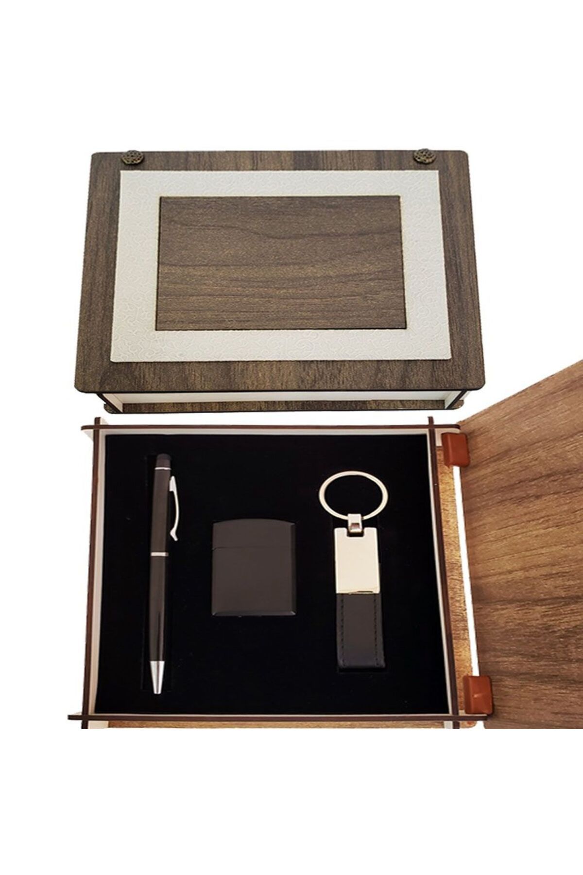 SAVA HOME COLLECTİON Özel Ahşap Kutulu Siyah Anahtarlık Kalem ve Çakmak Set