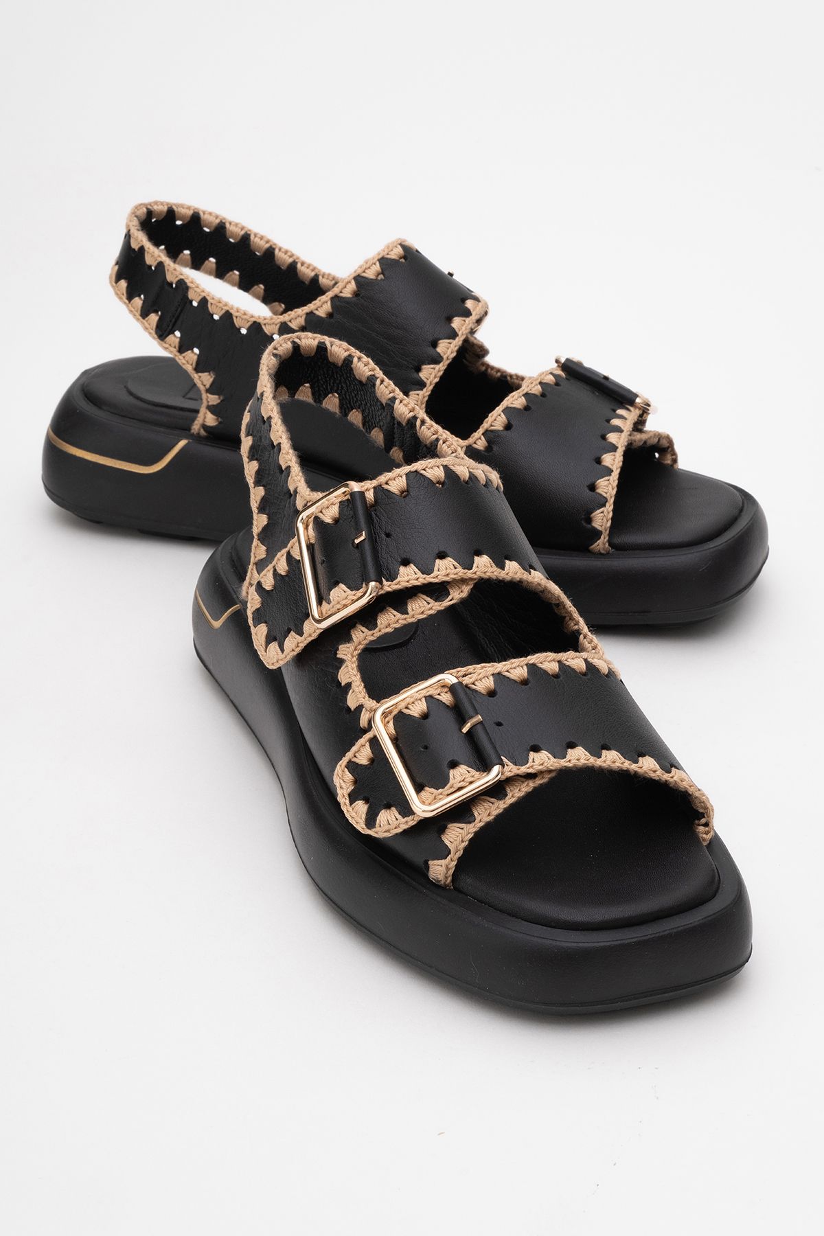 صندل زنانه چرم طبیعی DOURO مشکی با جزئیات طناب بافتنی luvishoes