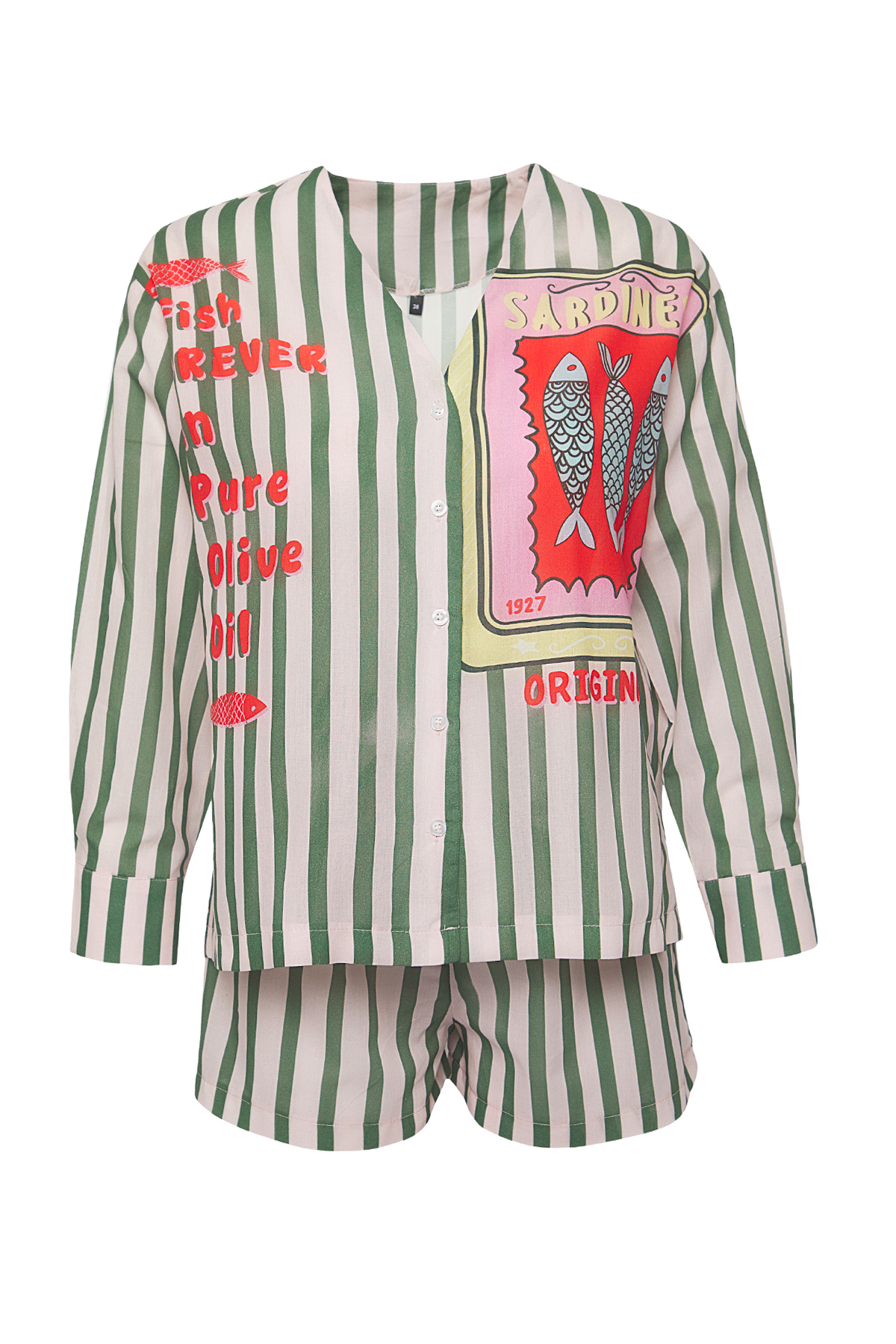 Trendyolmilla  Balık Desenli Dokuma %100 Pamuk Plaj Mini Yüksek Bel Gömlek-Şort Takım TBESS25AU00069 - Görsel 5