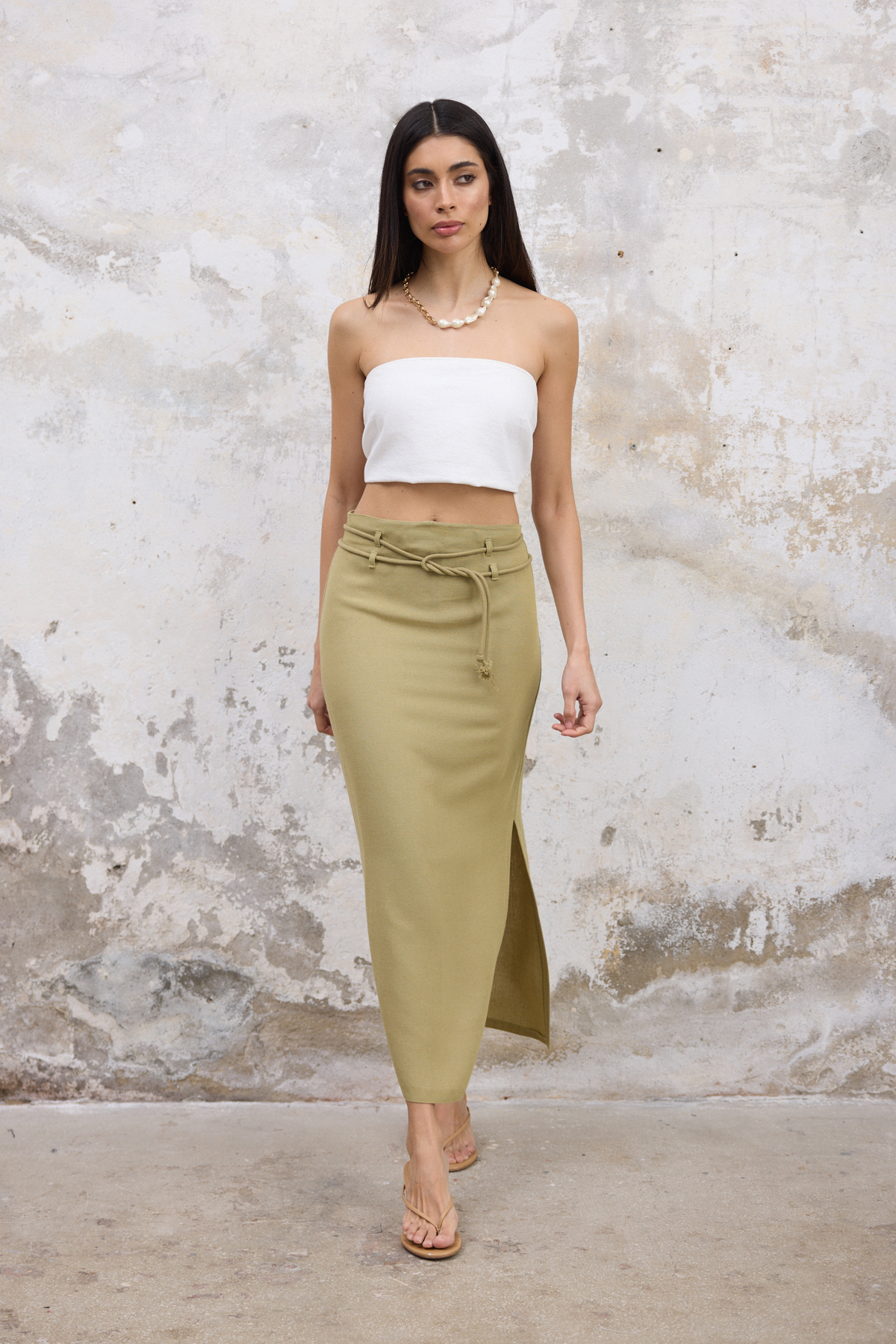 Trendyolmilla  Haki Kordon Kemerli Keten Karışımlı Yandan Yırtmaçlı Maxi Dokuma Etek TWOSS25ET00124 - Görsel 4