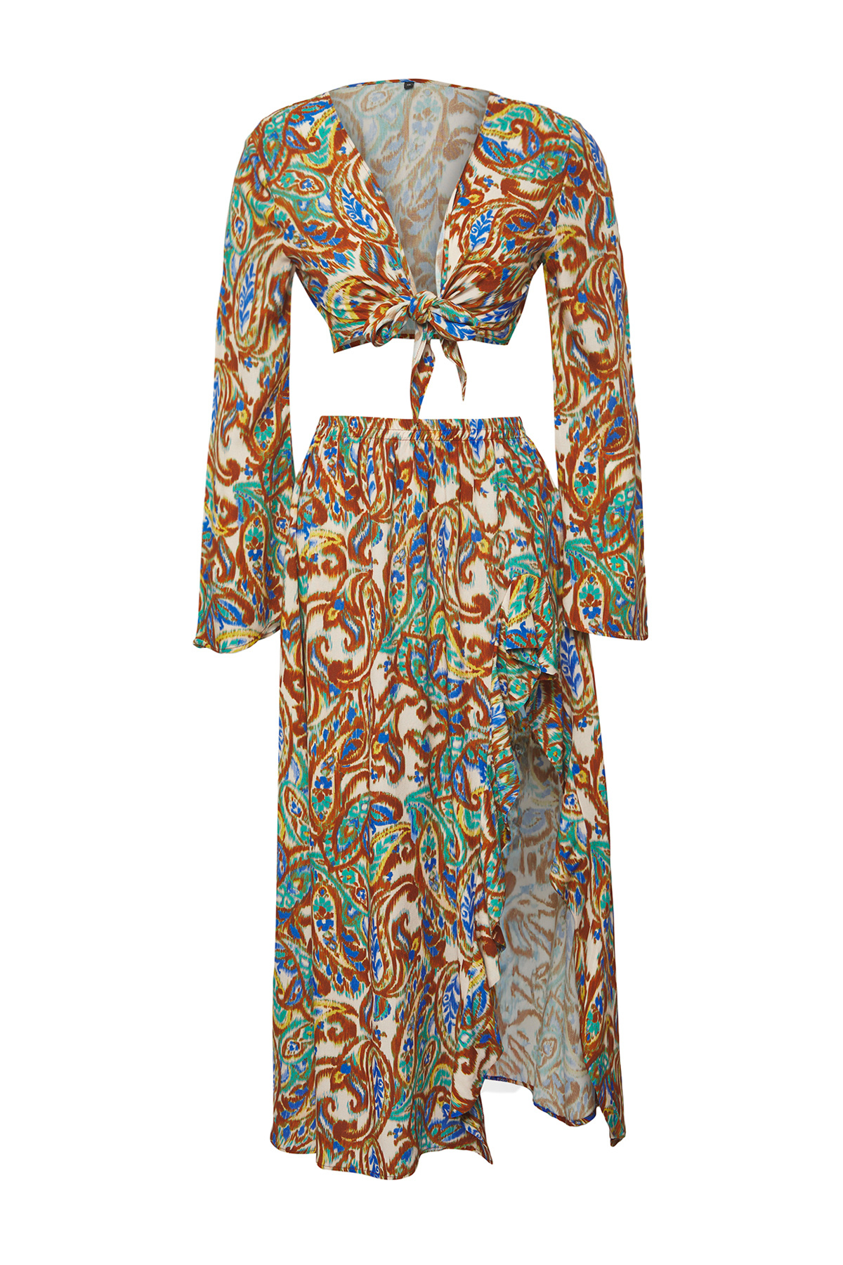 Trendyolmilla  Etnik Desenli Dokuma Yırtmaçlı Plaj Bluz-Etek Takım TBESS25AU00090 - Görsel 5