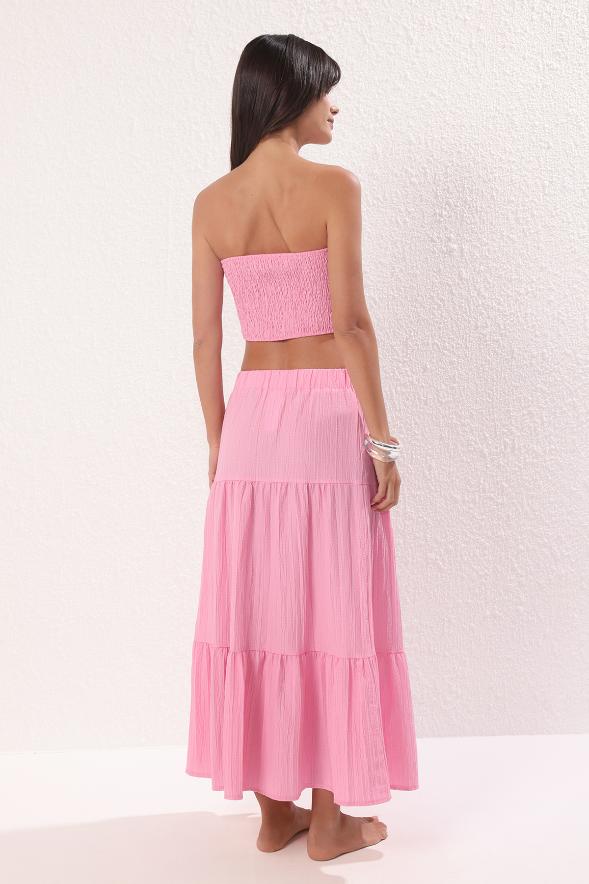 Trendyolmilla  Pembe Dokuma Gipeli Plaj Bluz-Etek Takım TBESS25AU00045 - Görsel 4