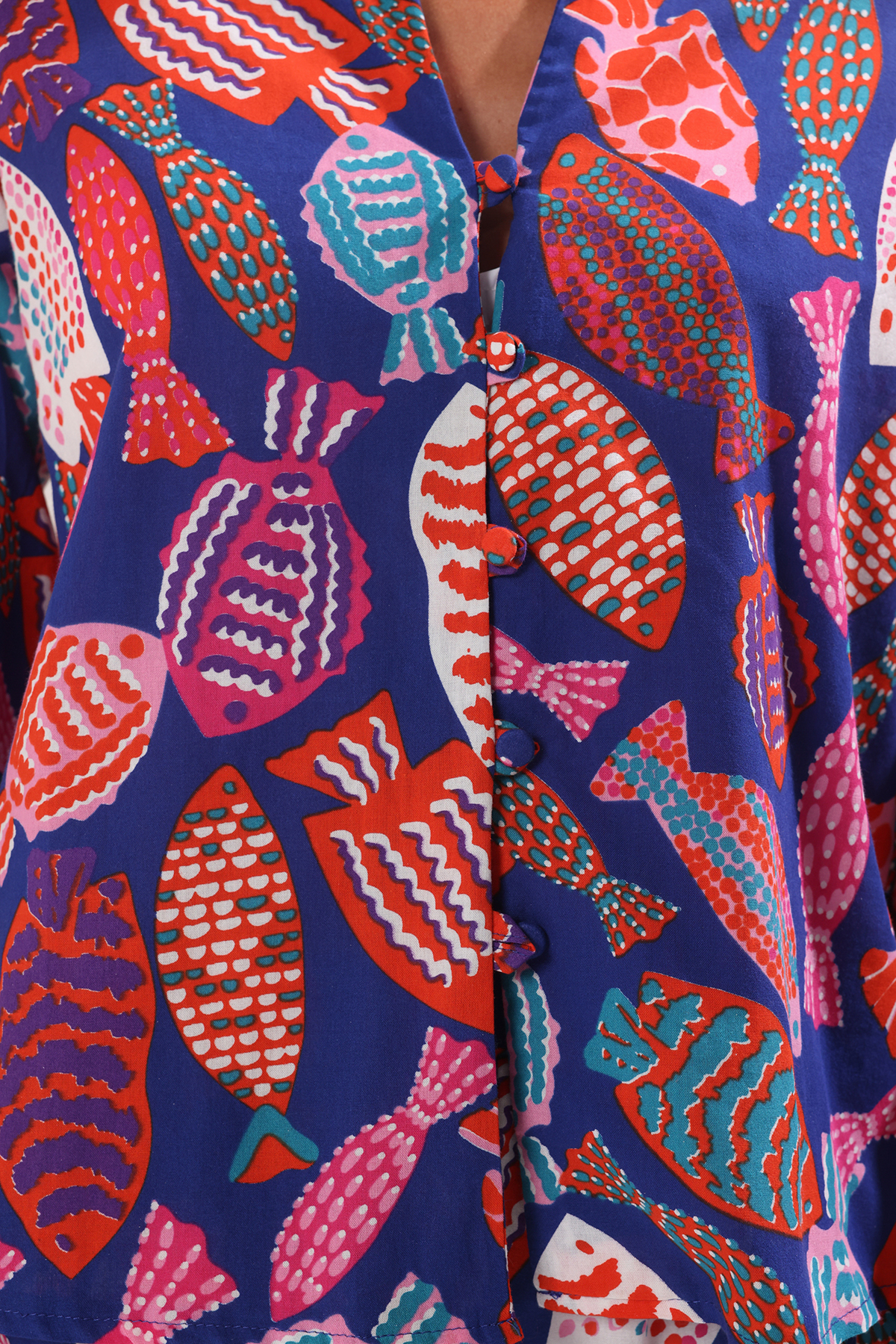 Trendyolmilla  Balık Desenli Dokuma %100 Pamuk Plaj Gömlek-Şort Takım TBESS25AU00077 - Görsel 3