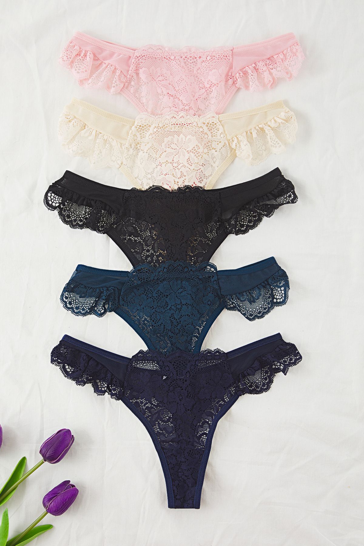 Trendyol Collection Niebieskie i wielokolorowe 5 Money Pack tiulowe koronkowe stringi z dzianiny z detalami