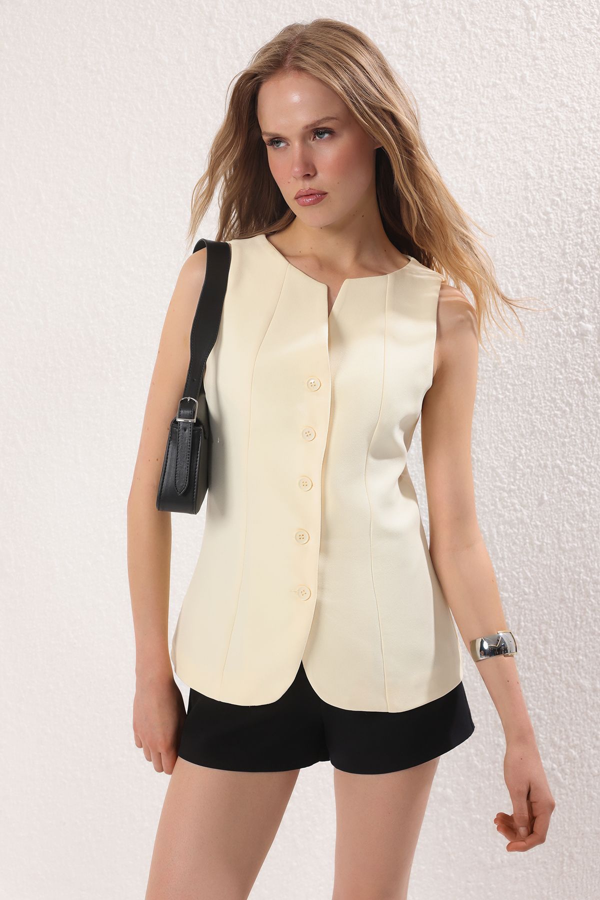 Trendyol Collection Vestă Țesătă Obișnuită, Galbenă, Cu Curele Groase, Gât Barcă Femeie - 38