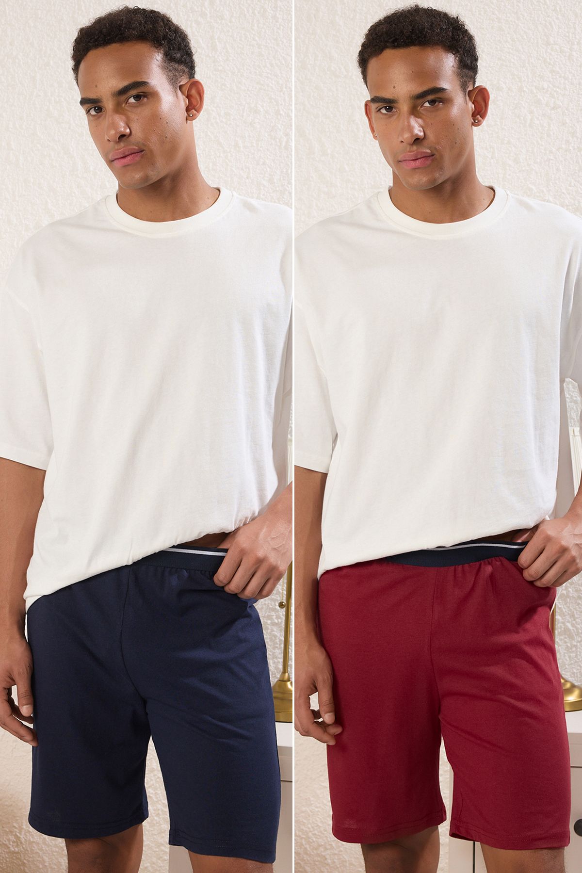 Trendyol Collection Granatowo-bordowe, Dzianinowe, 2-częściowe, Regularne Szorty Tmnss25sr00045 Mężczyzna - XL