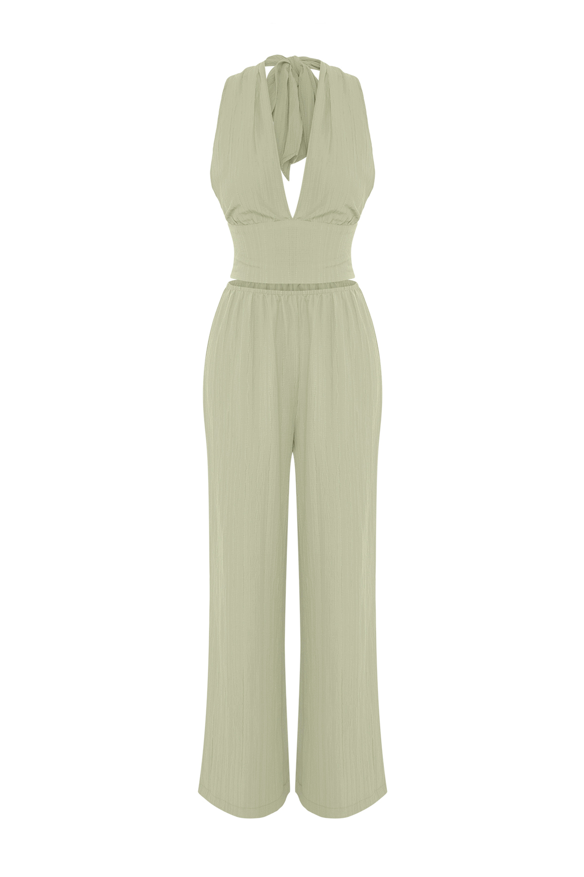 Trendyolmilla  Taş Rengi Dokuma Sırt Dekolteli Plaj Bluz-Pantolon Takım TBESS25AU00085 - Görsel 5