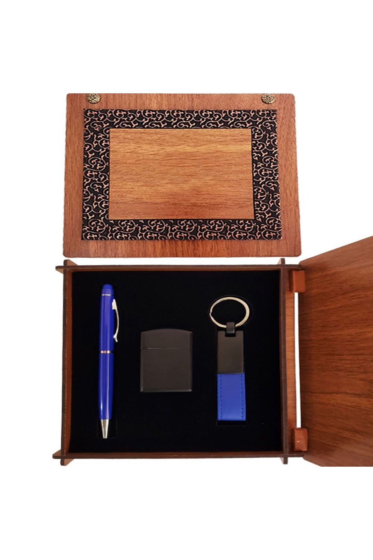 SAVA HOME COLLECTİON Ahşap Kutulu Mavi Kalem Anahtarlık ve Çakmak Set