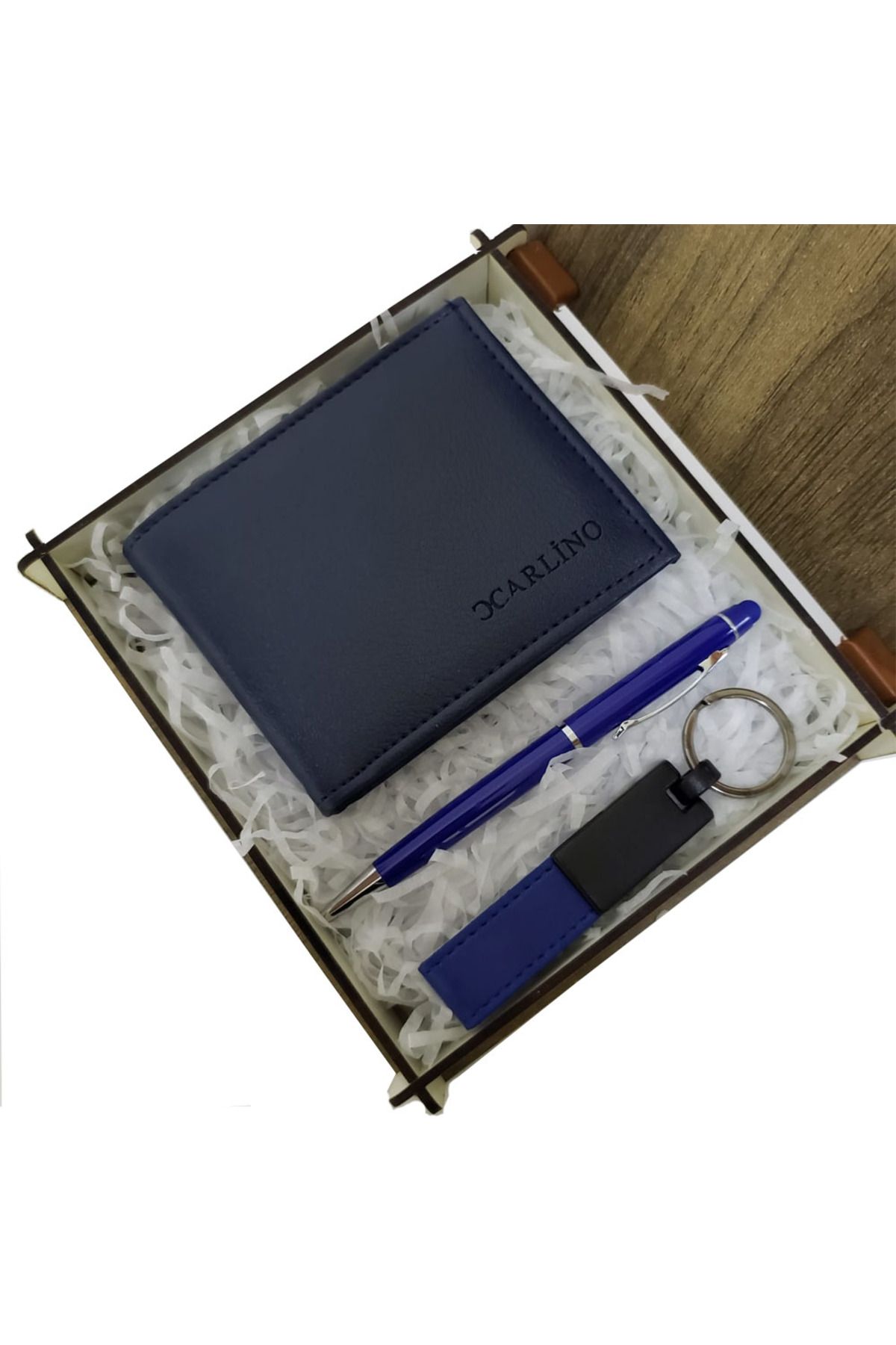SAVA HOME COLLECTİON Mavi Cüzdan Kalem ve Deri Mavi Anahtarlık Set