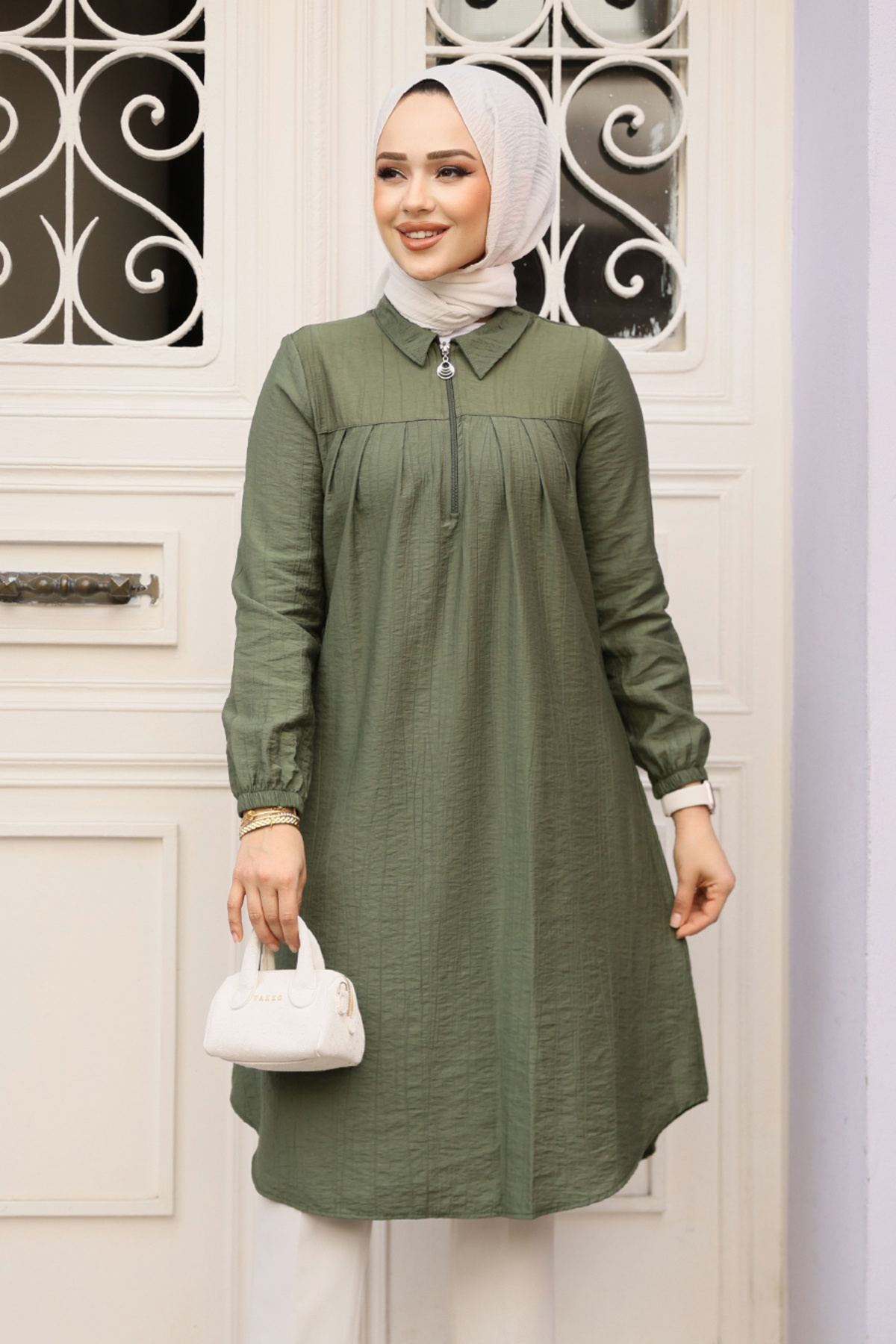 Neva Style-Zippered Khaki Hijab Tunic 1467Hk 1