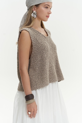 BOHEMAİ Knitle Rahat Kalıp Triko Vizon Crop