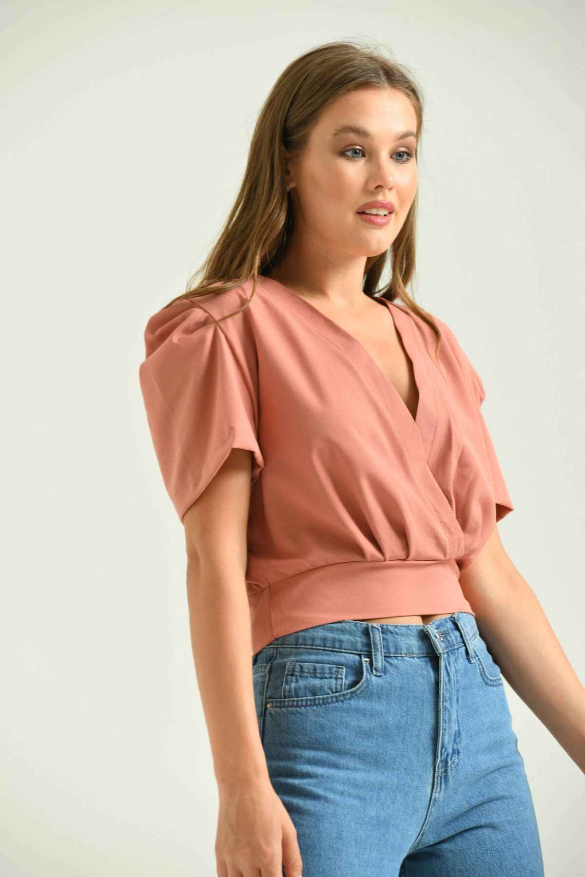 Park Karon-Women's Powder Double Breasted Collar Short Sleeve Blouse 2