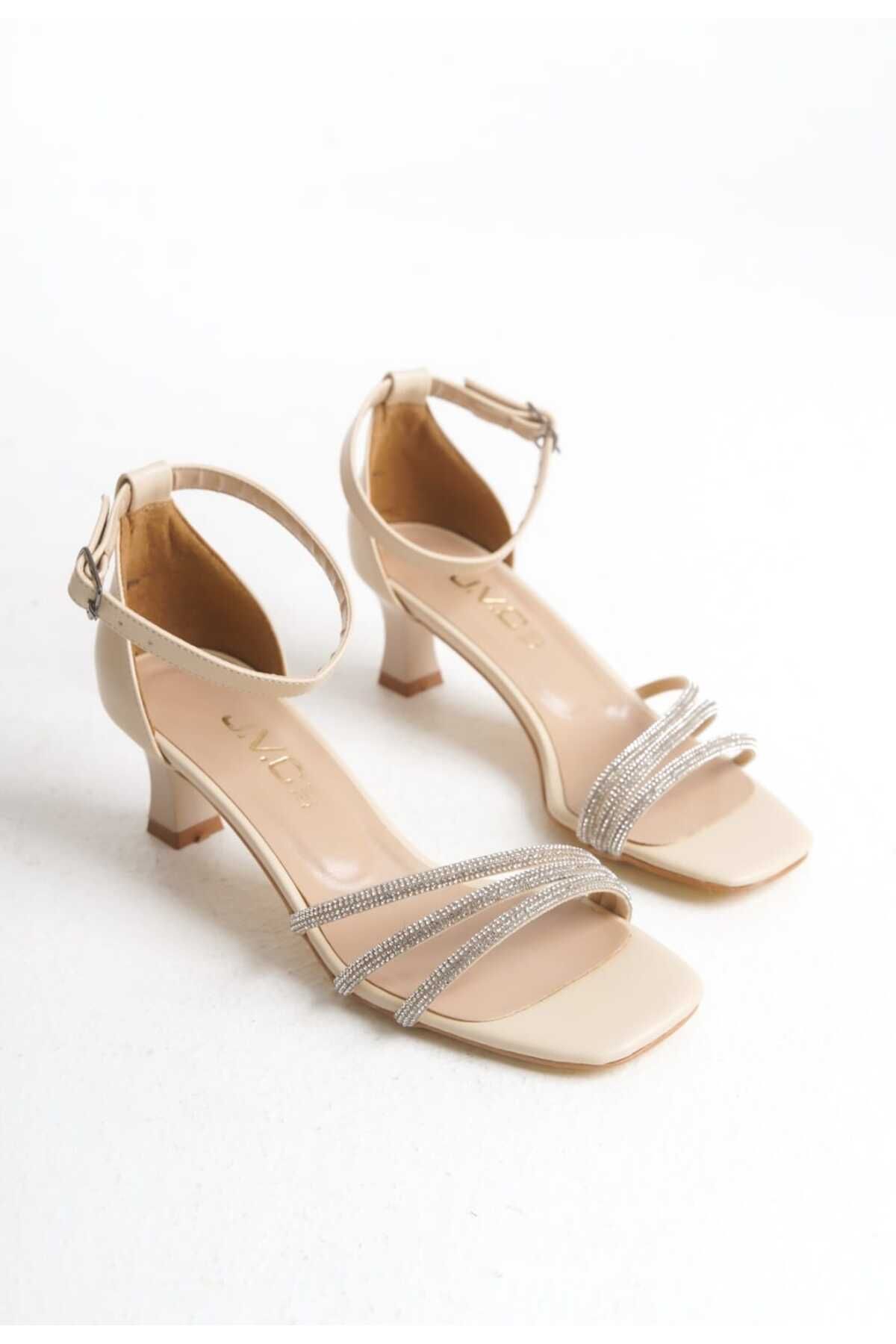 JVC-Beige Women's 3 Stripes Stone Low Heel Shoes 4
